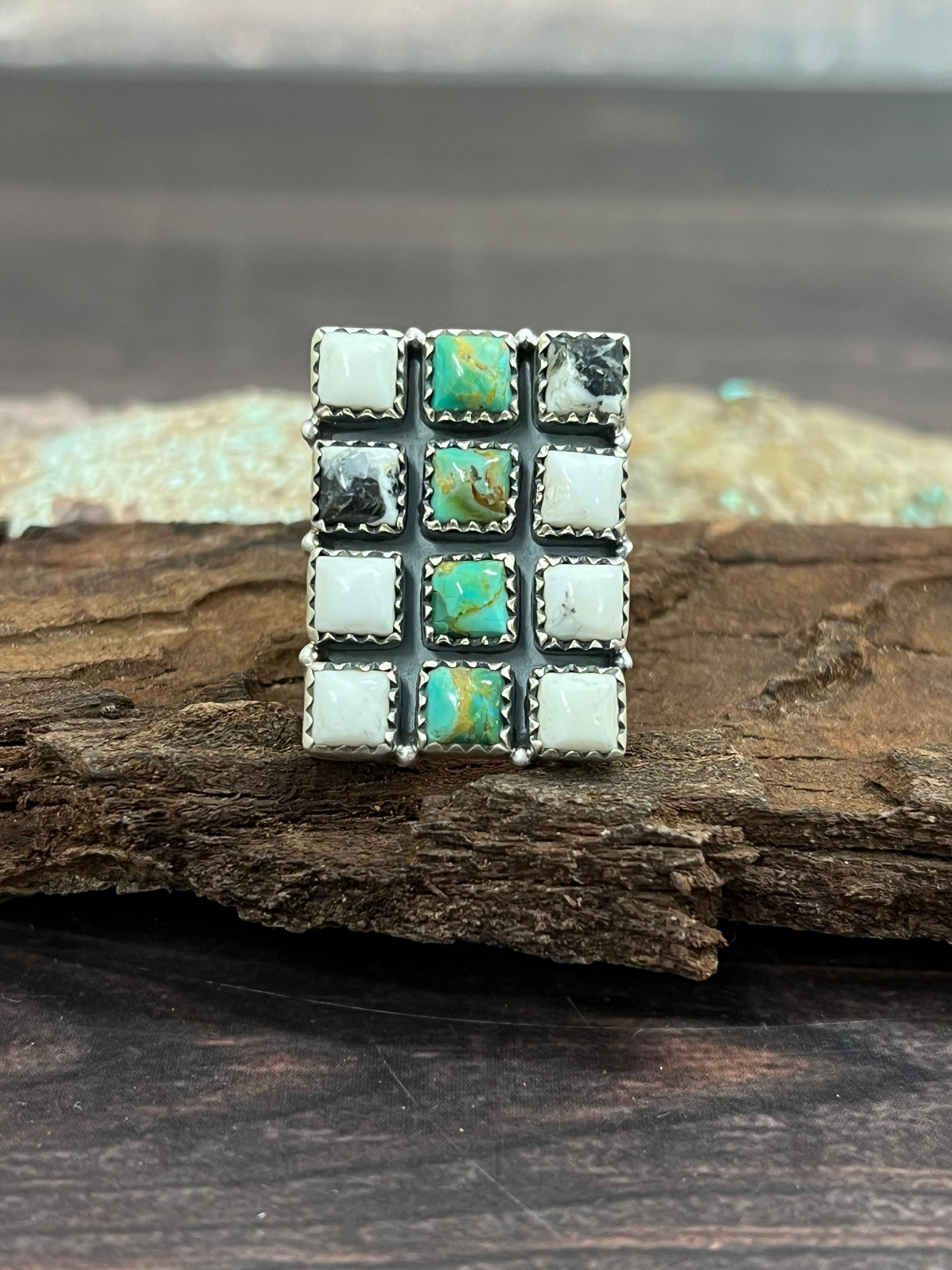 Handmade Sterling Silver Kingman with White Buffalo Turquoise Adjustable Ring with Signed Nizhoni