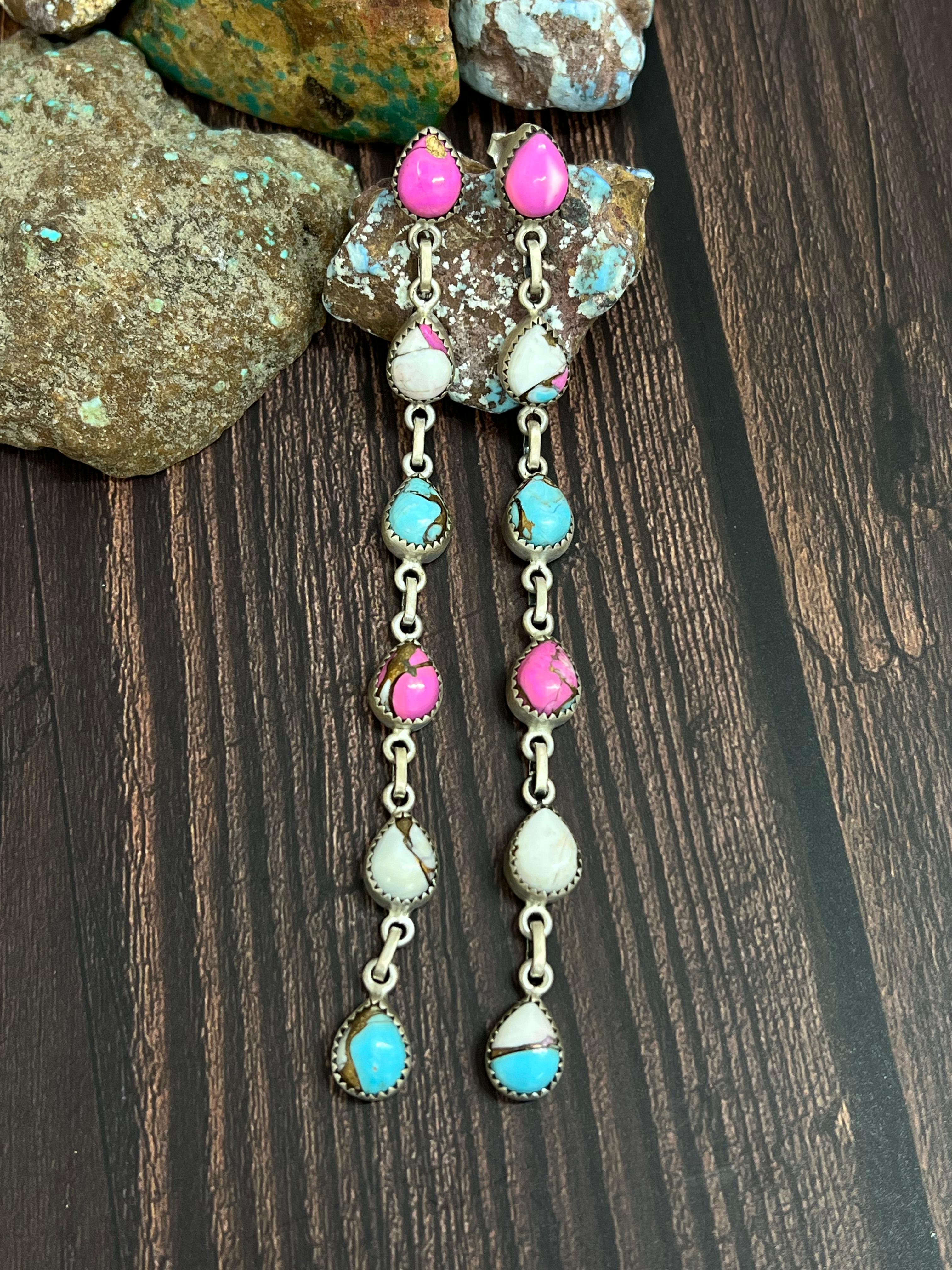 Handmade Sterling Silver Cotton Candy Turquoise Post Dangle Earrings with Signed Nizhoni
