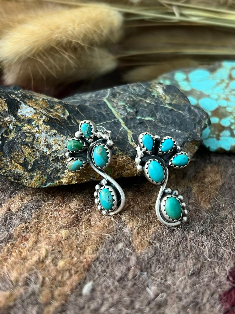 Handmade Sterling Silver Kingman Turquoise Post Studs Earrings "Signed Nizhoni"