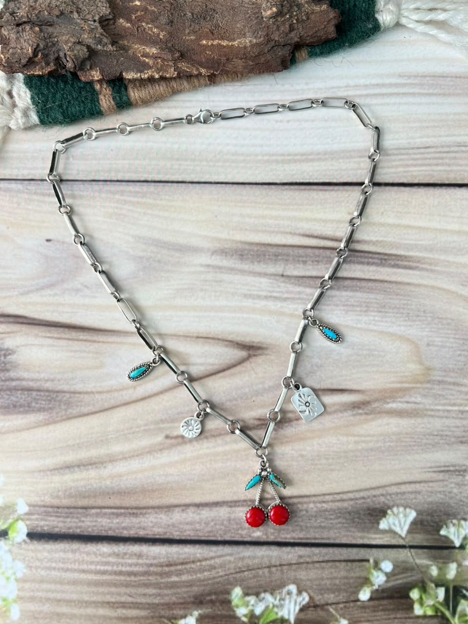 Handmade Sterling Silver Kingman Turquoise with Rosarita Cherry Necklace Signed Nizhoni
