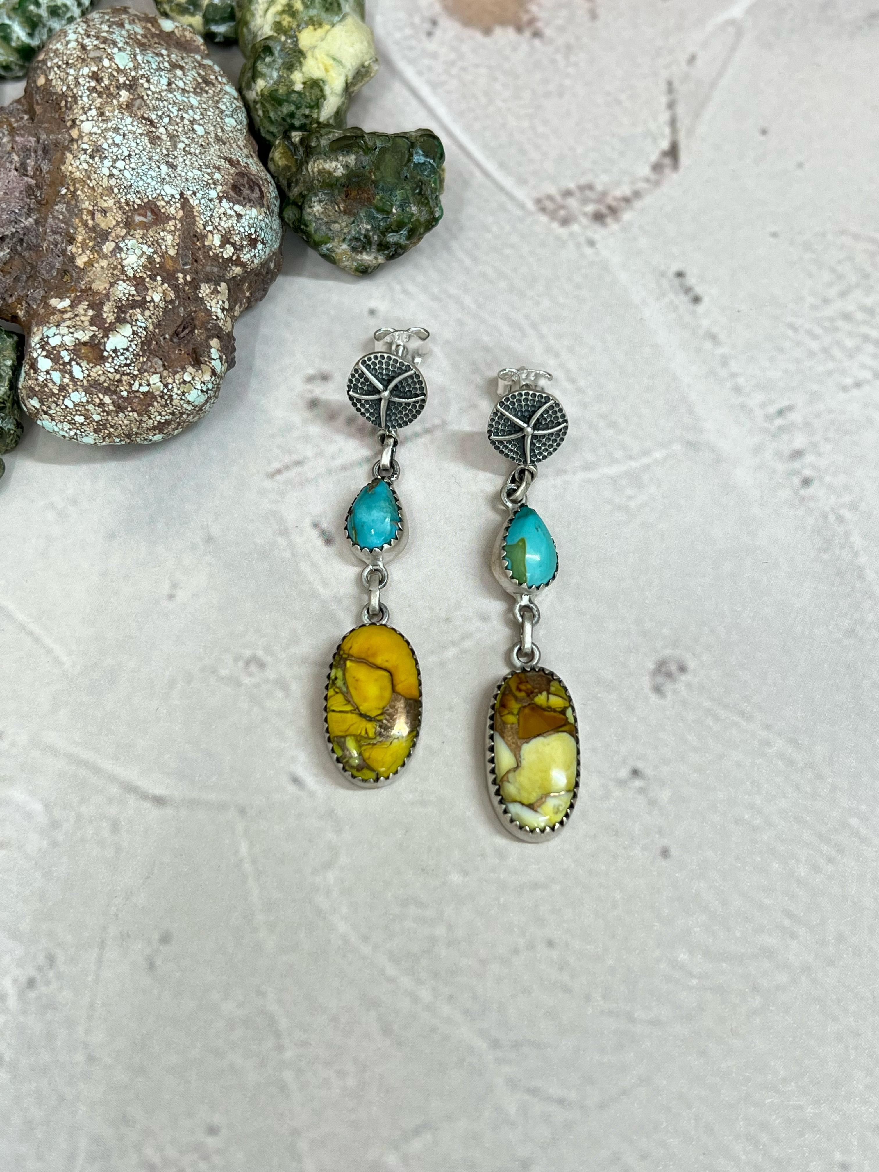 Handmade Sterling Silver Honey Dahlia with South Hill Turquoise Post Earrings, Signed Nizhoni