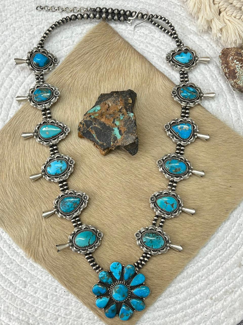 Handmade Sterling Silver Beaded Arizona Blue Turquoise Squash Blossom Necklace "Signed Nizhoni"