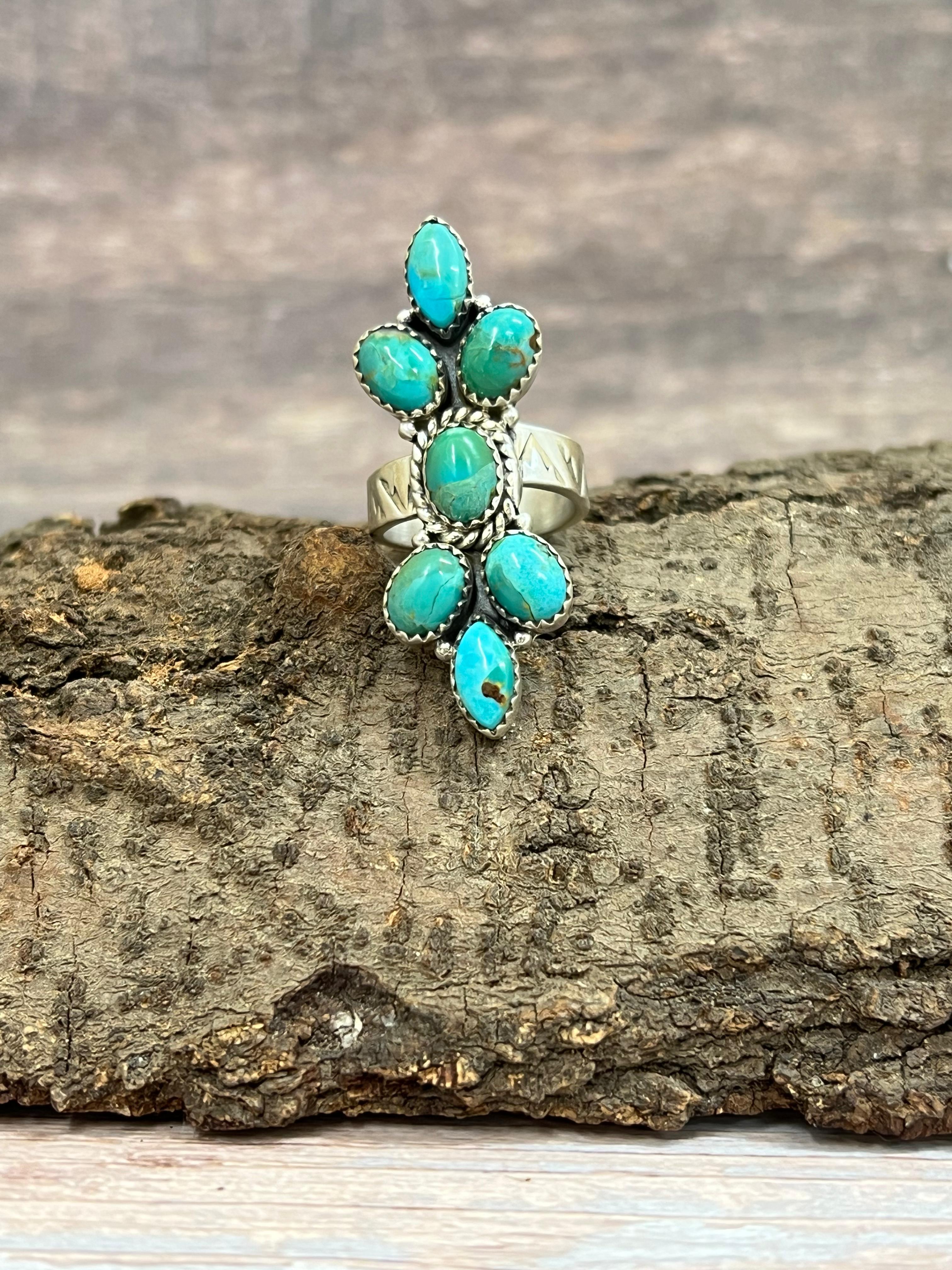 Handmade Sterling Silver Kingman Turquoise Adjustable Ring with Signed Nizhoni (5)