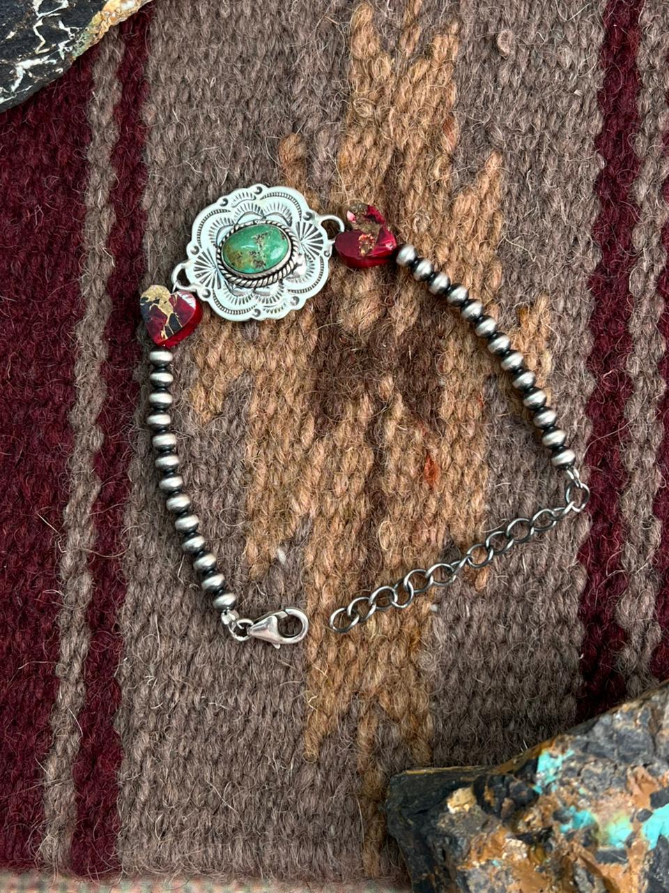 Handmade Sterling Silver Dahlia Rose with Emerald Valley Turquoise Beaded Bracelet "Signed Nizhoni"