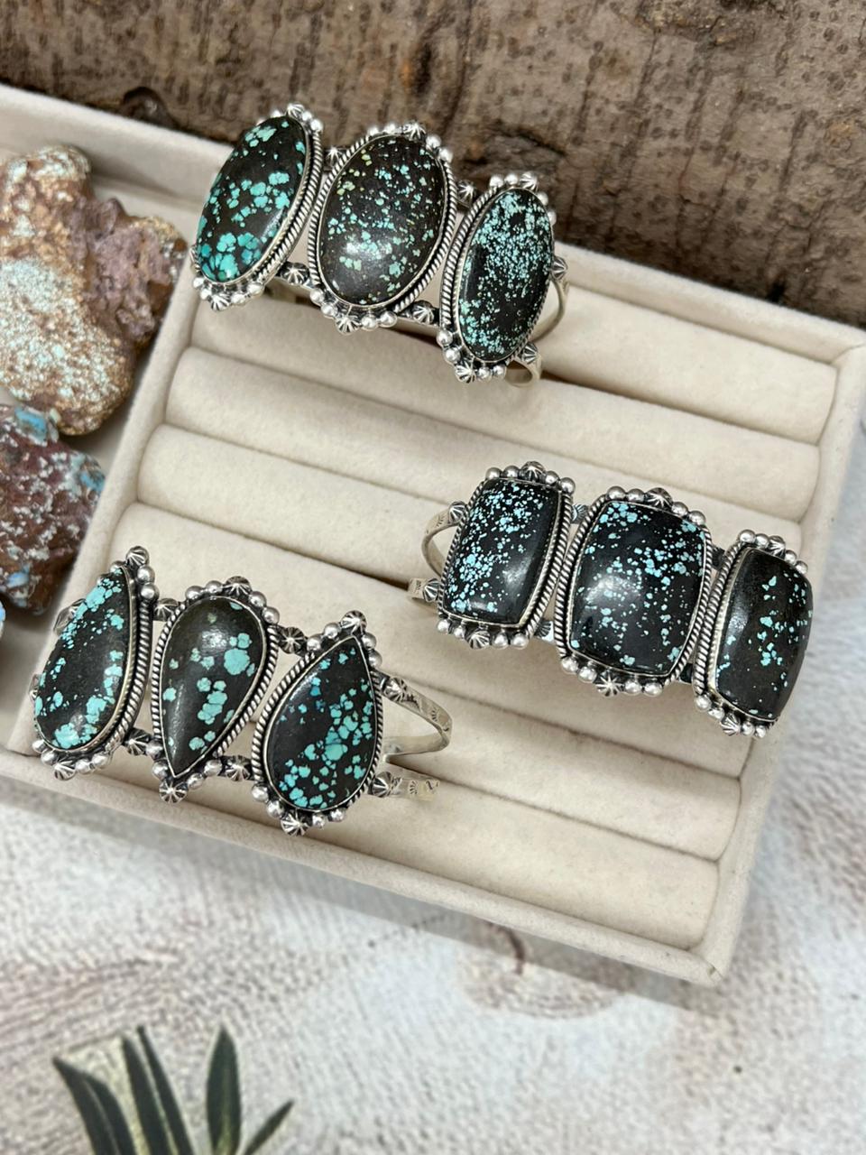 Handmade Sterling Silver Lander Turquoise Cuff Bracelet with Signed Nizhoni