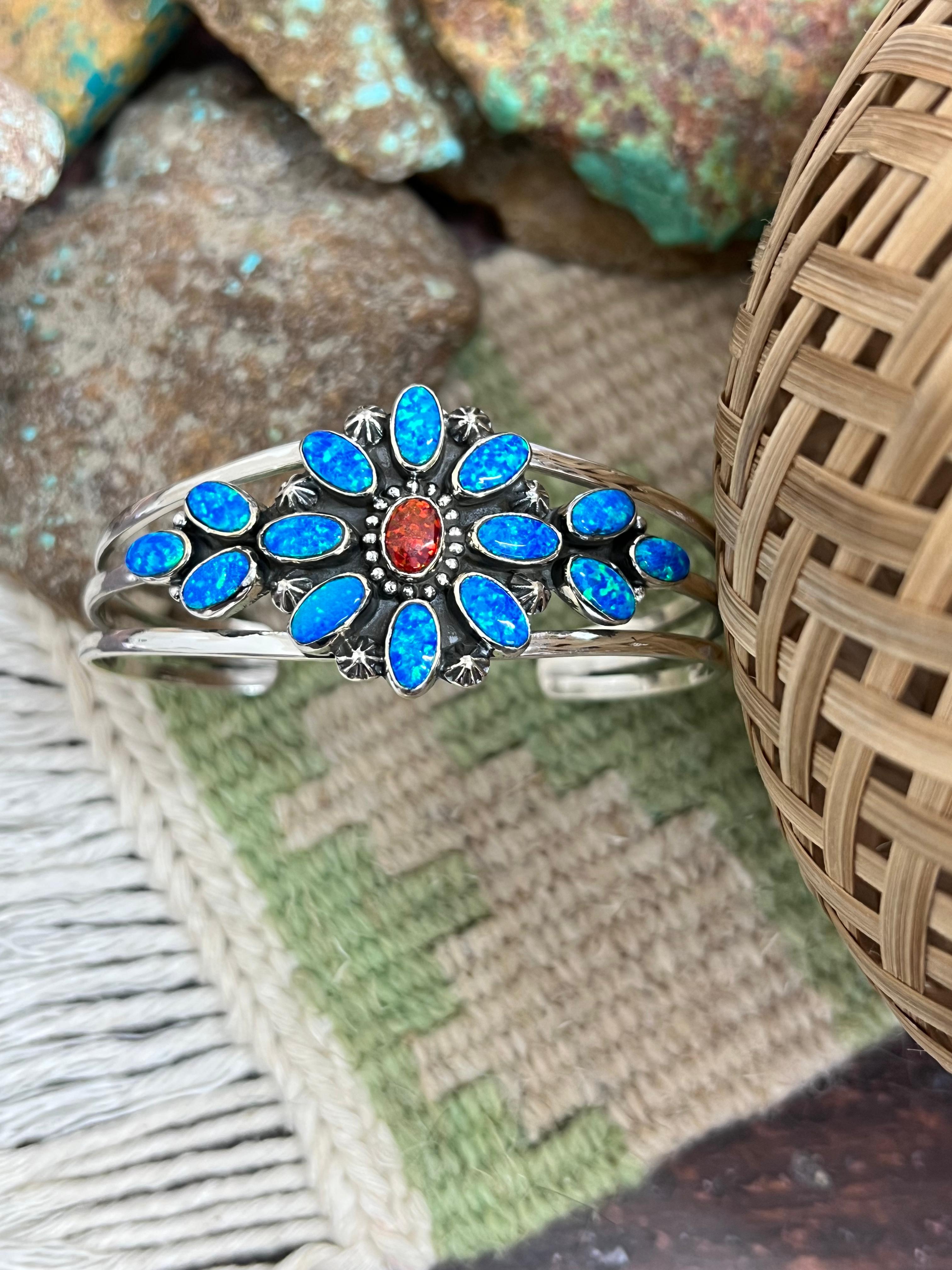 Handmade Sterling Silver Synthetic Opal Cuff Bracelet with Signed Nizhoni