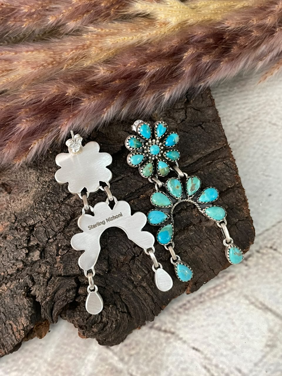 Handmade Sterling Silver Kingman Turquoise Post Dangle Earrings Signed Nizhoni