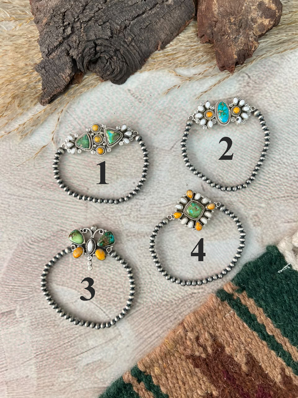 Handmade Sterling Silver Sonoran Mountain Turquoise with Bumblebee and White Buffalo Spring Collection: Stretchy Beaded Bracelet Signed Nizhoni