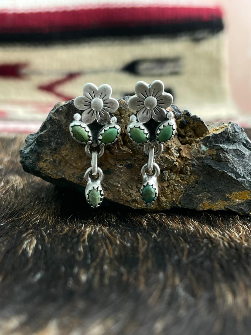 Handmade Sterling Silver Kingman Turquoise Post Dangle Earrings "Signed Nizhoni"