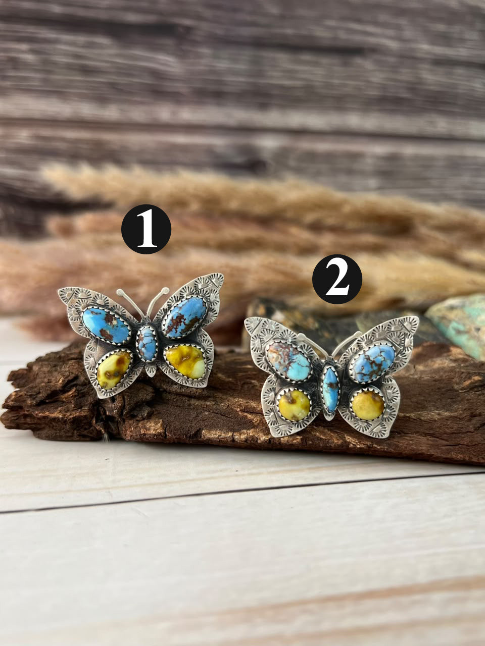 Handmade Sterling Silver Golden Hills with Palomino Turquoise Butterfly Adjustable Ring Signed Nizhoni