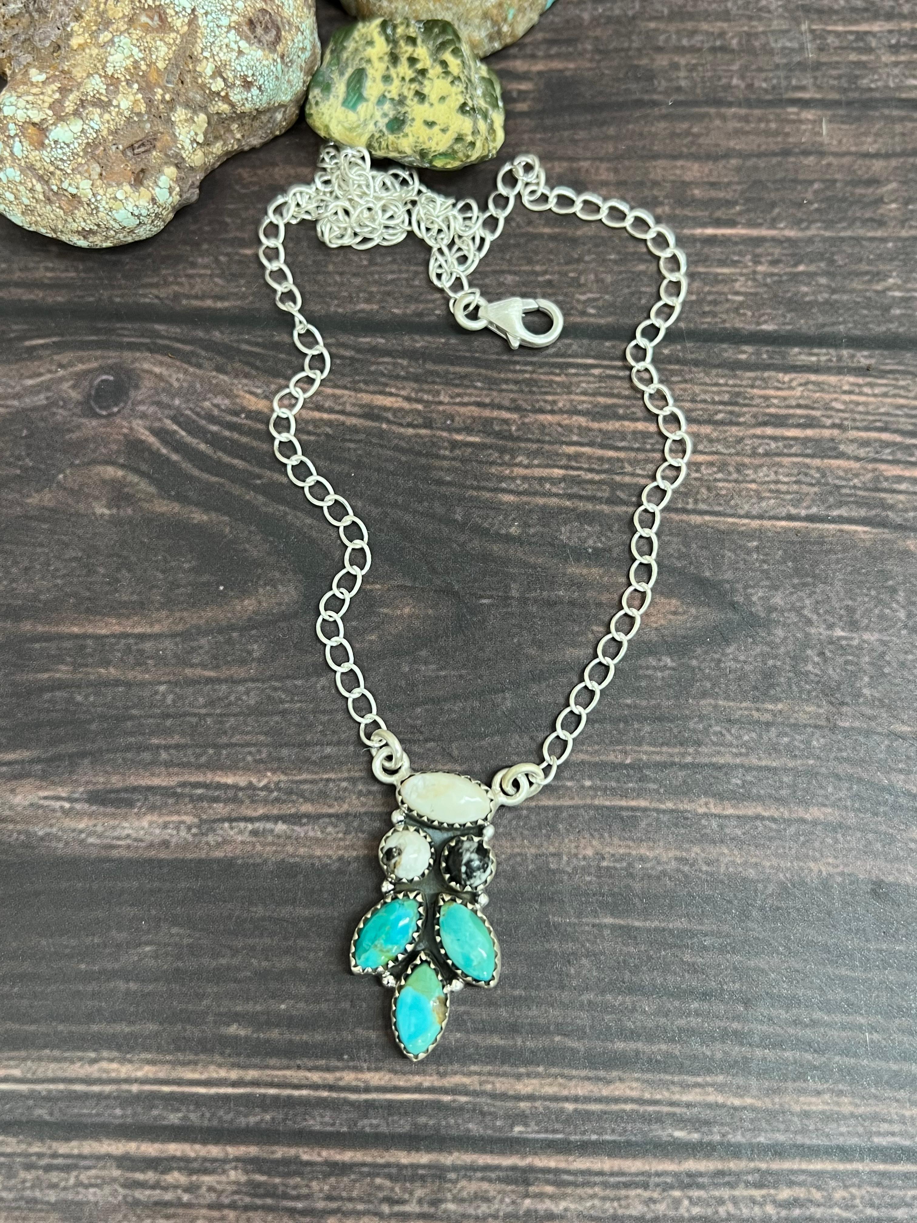 Handmade Sterling Silver Kingman Turquoise with White Buffalo Necklace with Signed Nizhoni