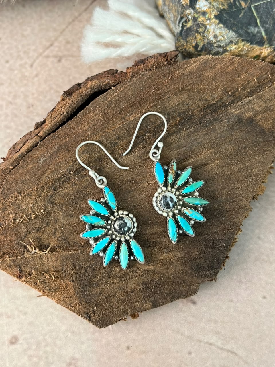 Handmade Sterling Silver Kingman Turquoise with White Buffalo Hook Dangle Earrings Signed Nizhoni