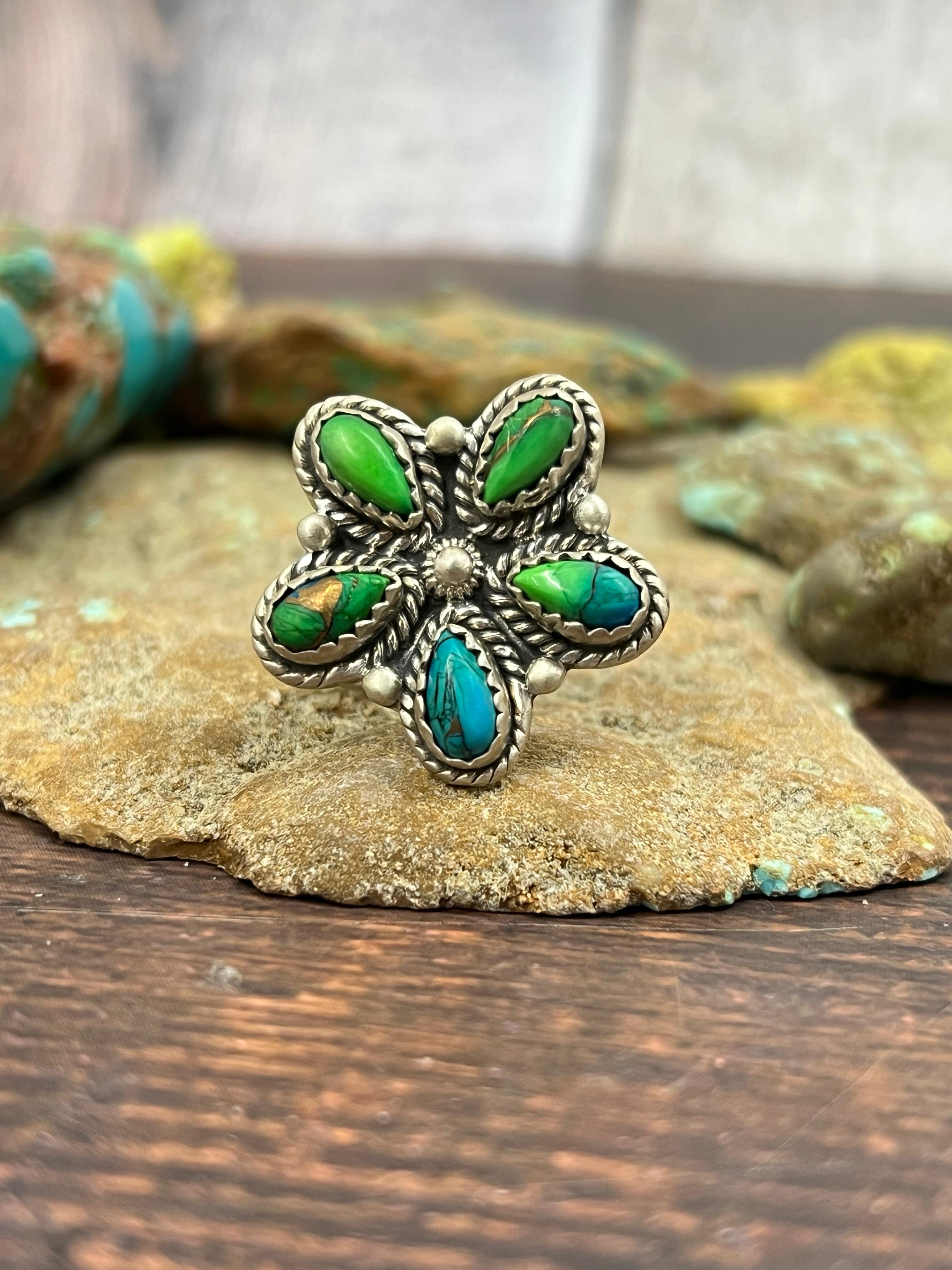 Handmade Sterling Silver Peacock Dahlia Adjustable Ring with Signed Nizhoni
