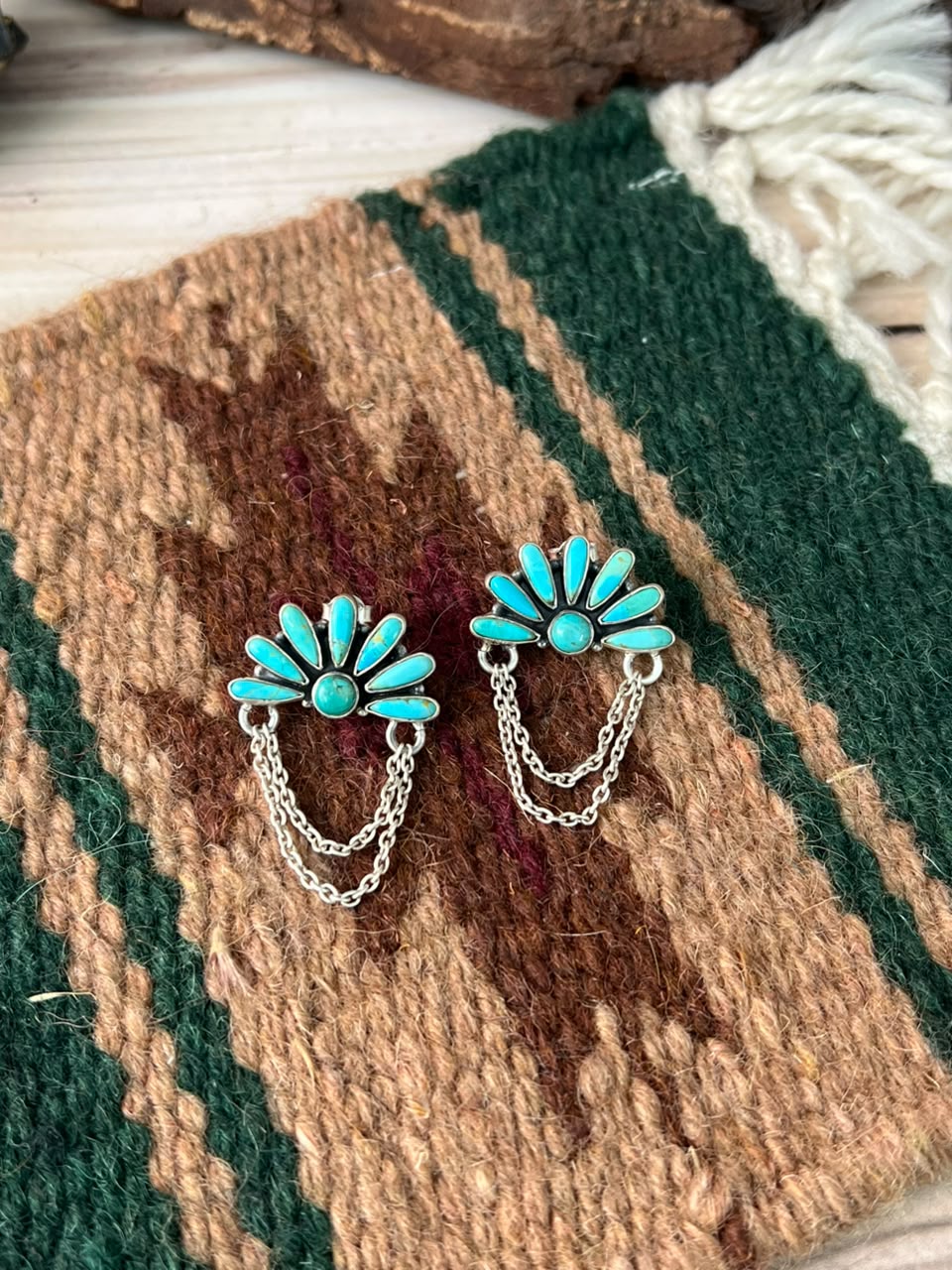 Handmade Sterling Silver Kingman Turquoise Post Dangle Earrings Signed Nizhoni