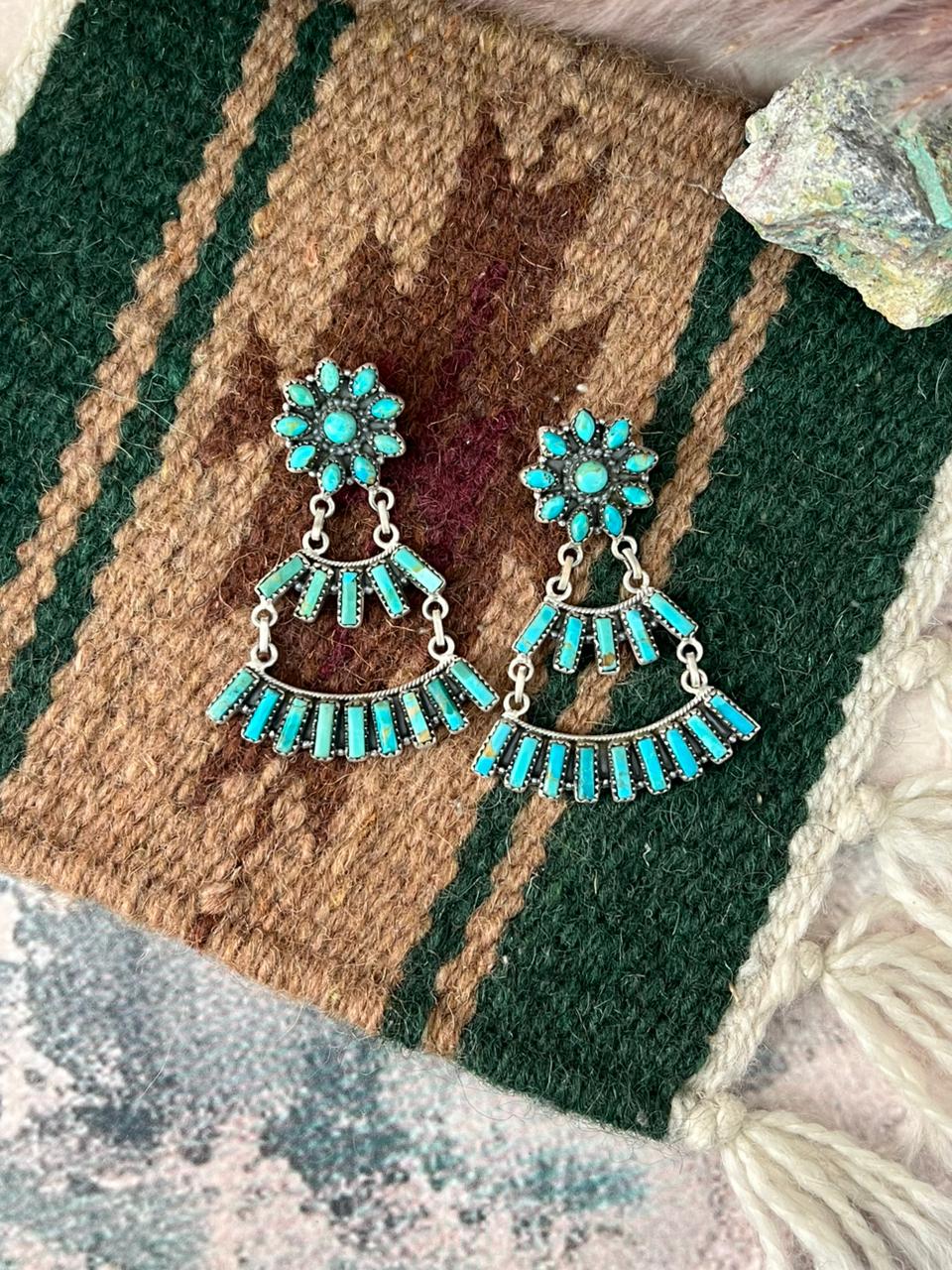 Handmade Sterling Silver Kingman Turquoise Post Dangle Earrings Signed Nizhoni