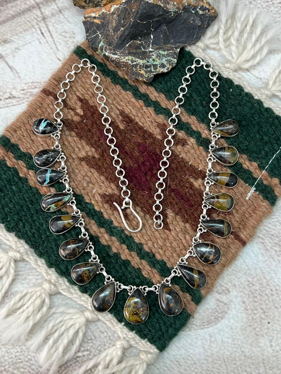 Handmade Sterling Silver Blackjack Turquoise Necklace "Signed Nizhoni"