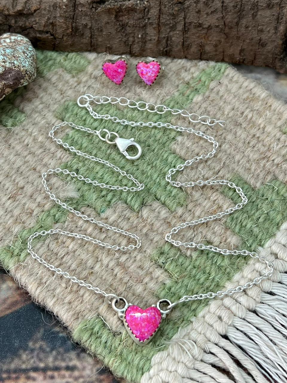 Handmade Sterling Silver Hot Pink Heart Necklace Earrings Set "Signed Nizhoni"