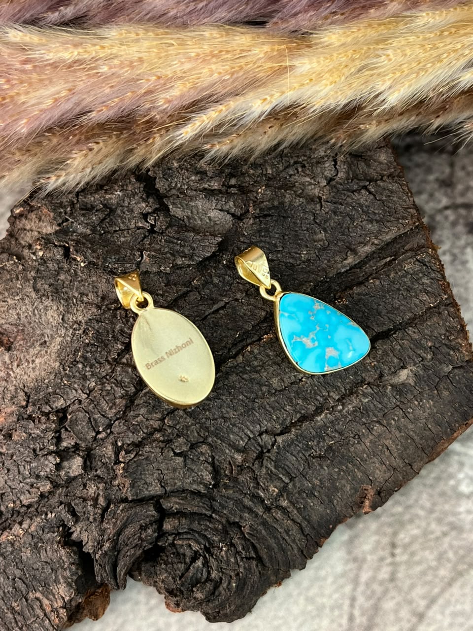 “The Golden Collection” Handmade Sterling Gold over Silver Golden Hills and White Water Turquoise Pendant Signed Nizhoni