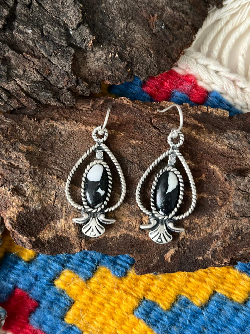 Handmade Sterling Silver White Buffalo Hook Dangle Earrings "Signed Nizhoni"