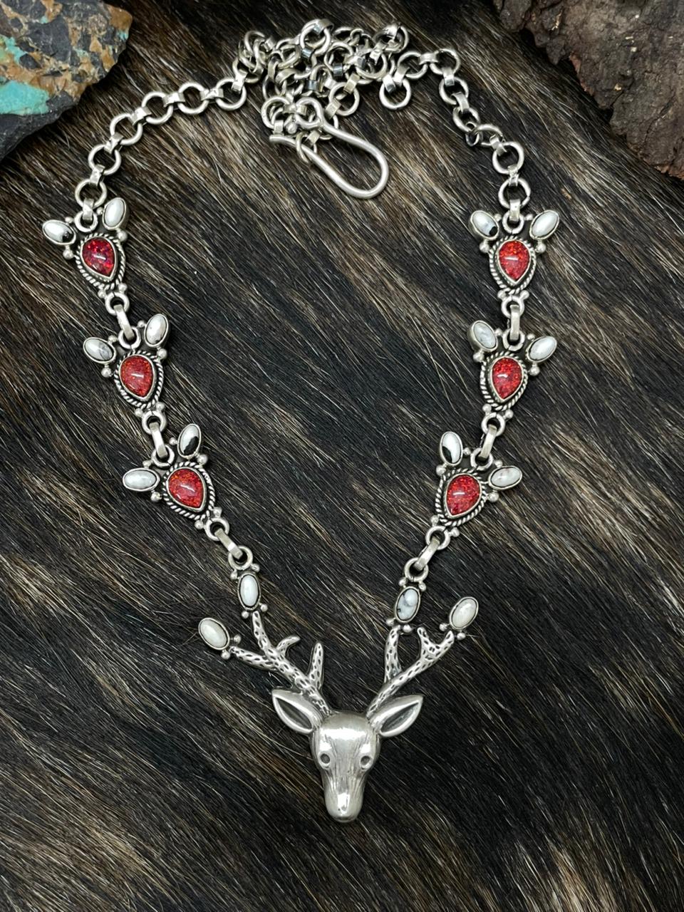 Handmade Sterling Silver White Buffalo with Red Opal Deer Necklace "Signed Nizhoni"
