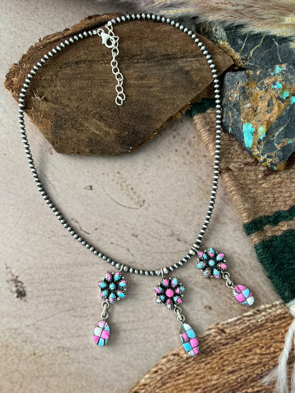 Handmade Sterling Silver Cotton Candy Cobble Stone Beaded Necklace Signed Nizhoni