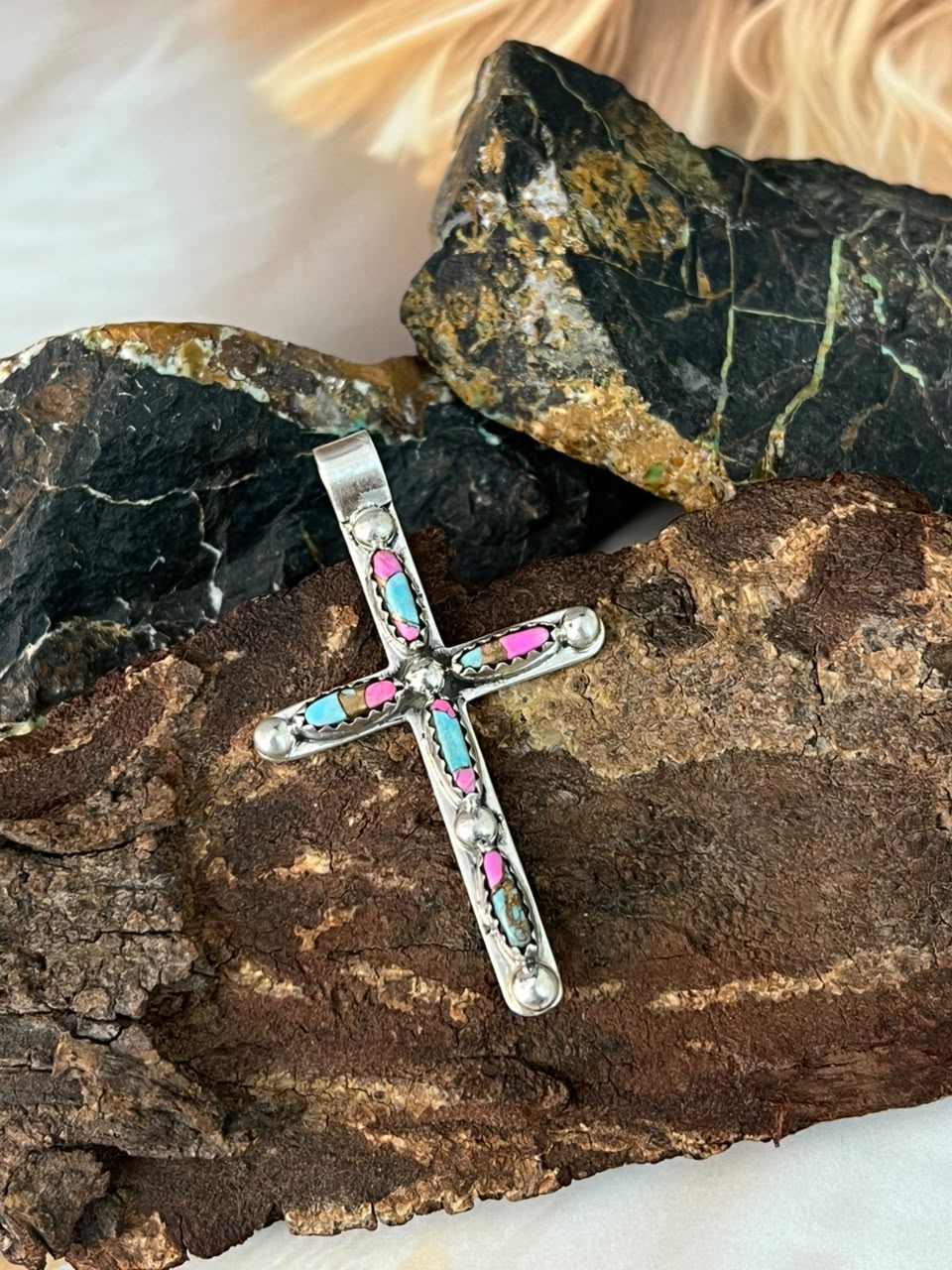 Handmade Sterling Silver Cotton Candy Cross Pendant Signed Nizhoni