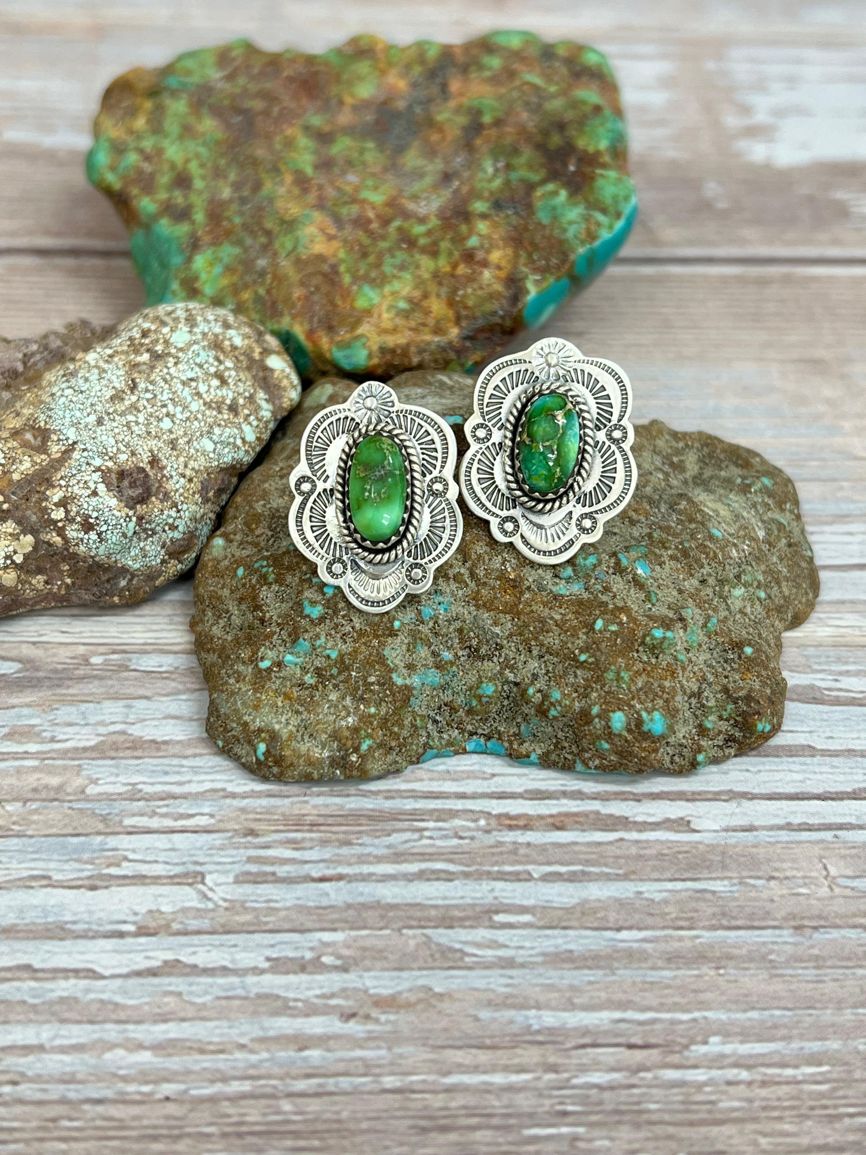 Handmade Sterling Silver Sonoran Mountain Turquoise Post Earrings with Signed Nizhoni