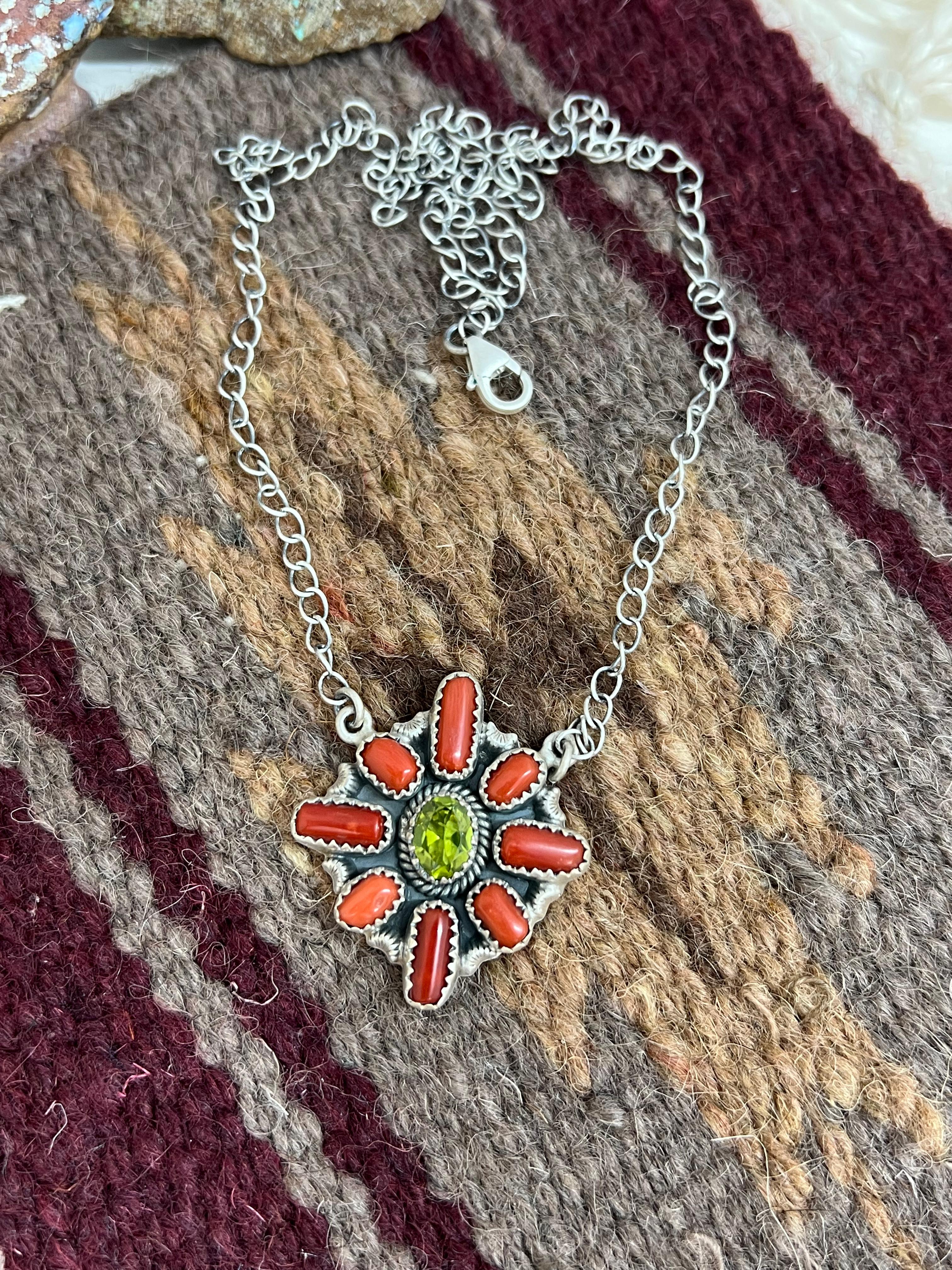 Christmas Collection Handmade Sterling Silver Coral with Peridot Necklace with Signed Nizhoni