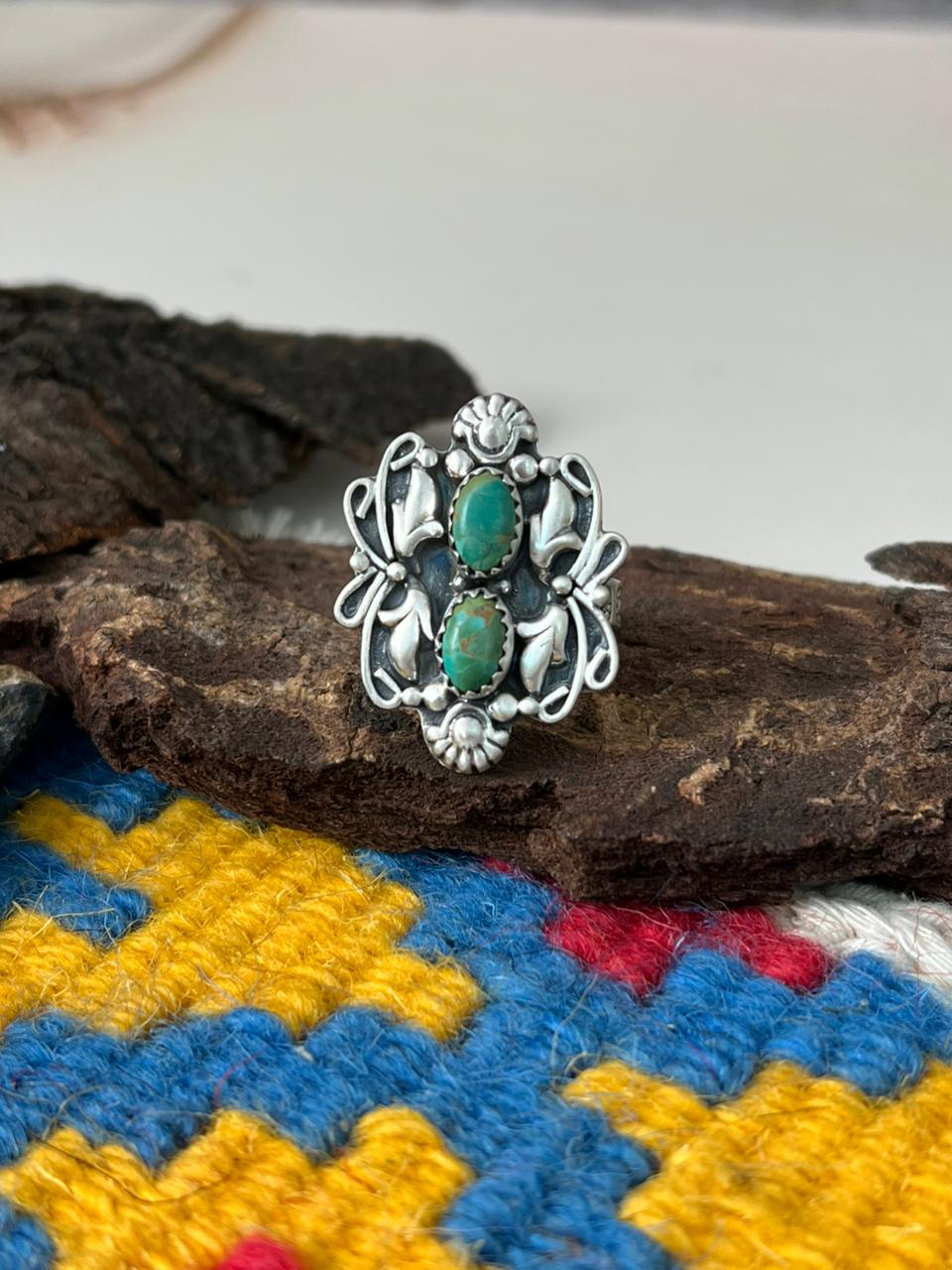 Handmade Sterling Silver Kingman Turquoise Adjustable Ring "Signed Nizhoni"