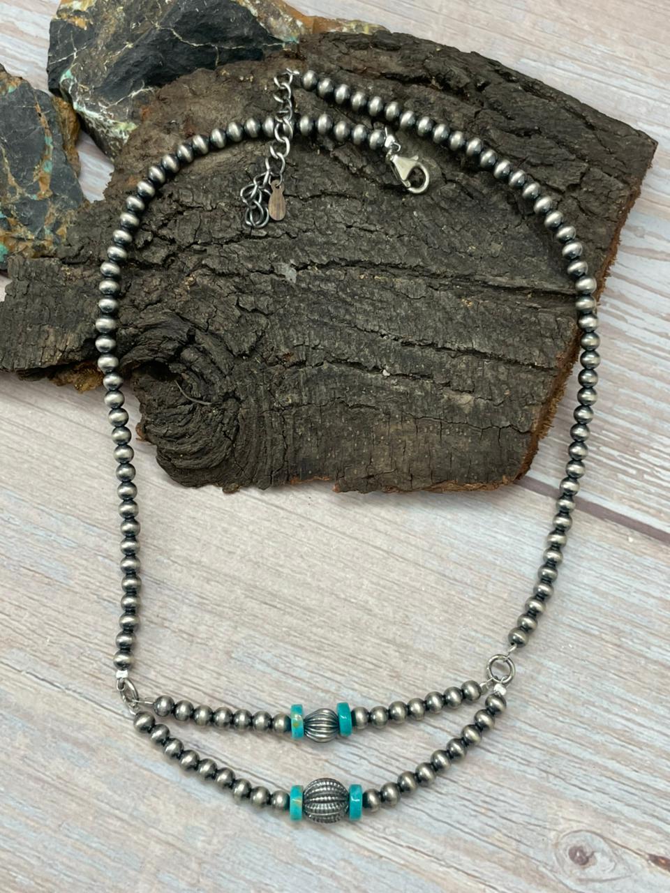 Handmade Sterling Silver Beaded Kingman Turquoise Necklace "Signed Nizhoni"