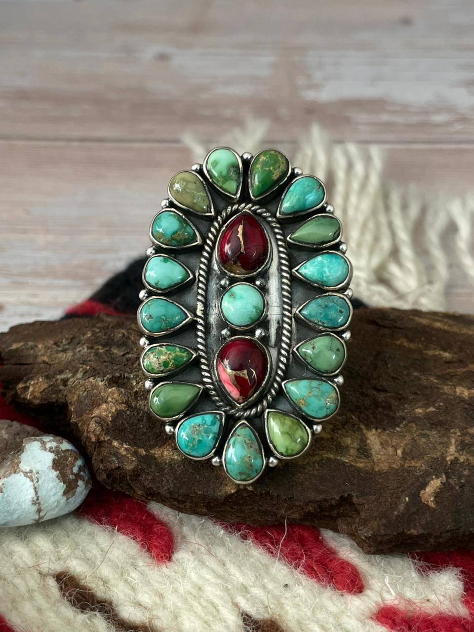 Handmade Sterling Silver Dahlia Rose With Emerald Valley Turquoise Ring "Signed Nizhoni"