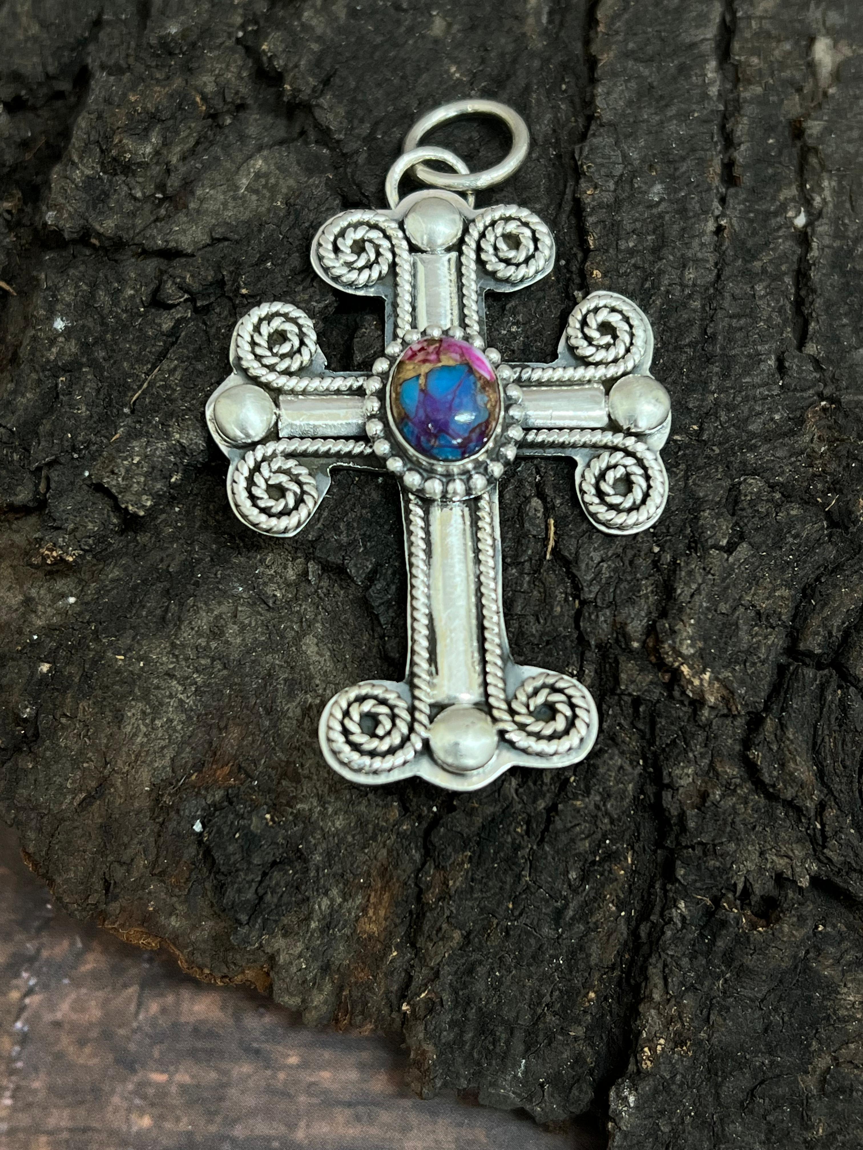 Handmade Sterling Silver Pink Dahlia Cross Pendant with Signed Nizhoni (4)