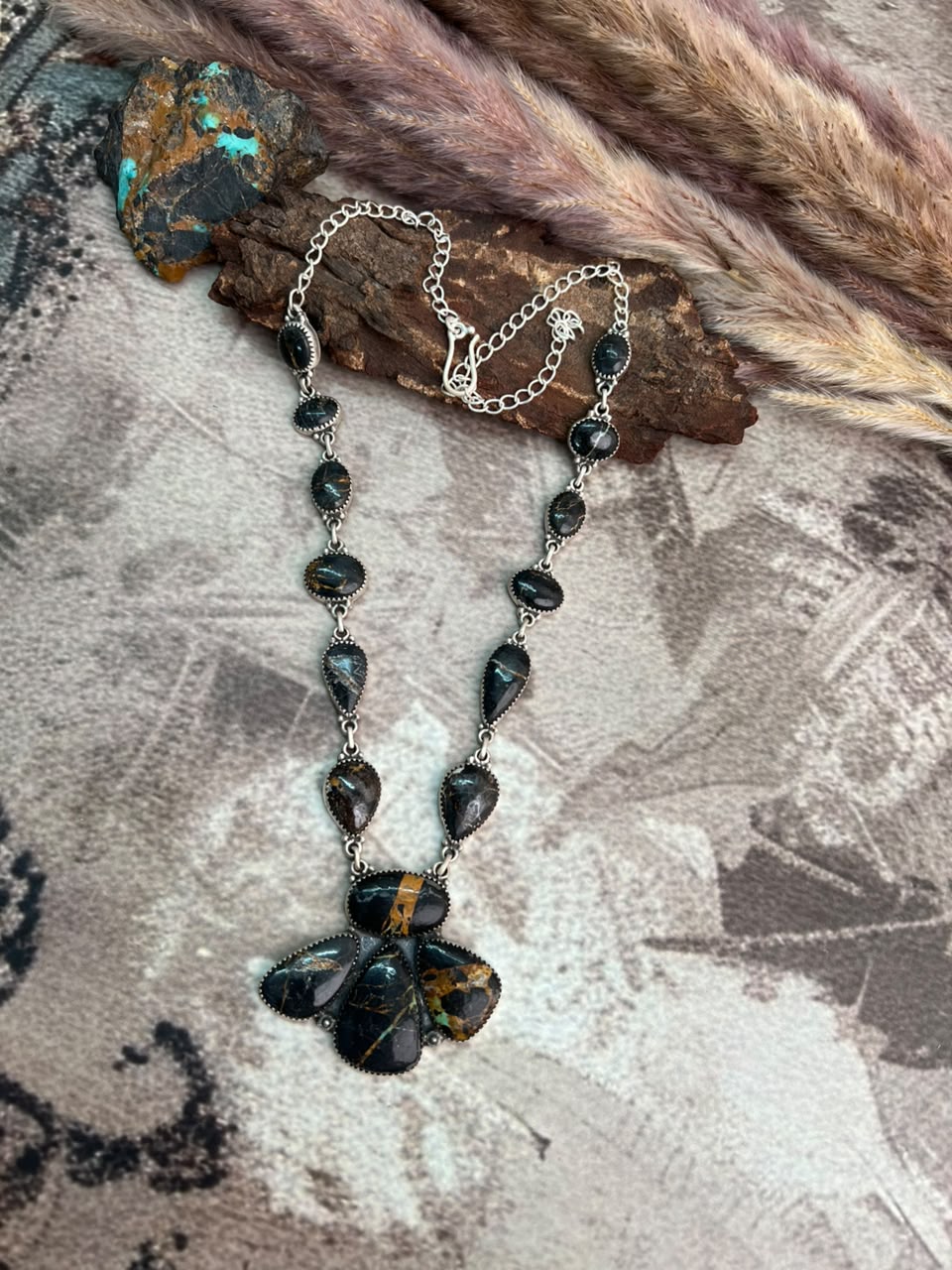Handmade Sterling Silver Blackjack Turquoise Necklace Signed Nizhoni