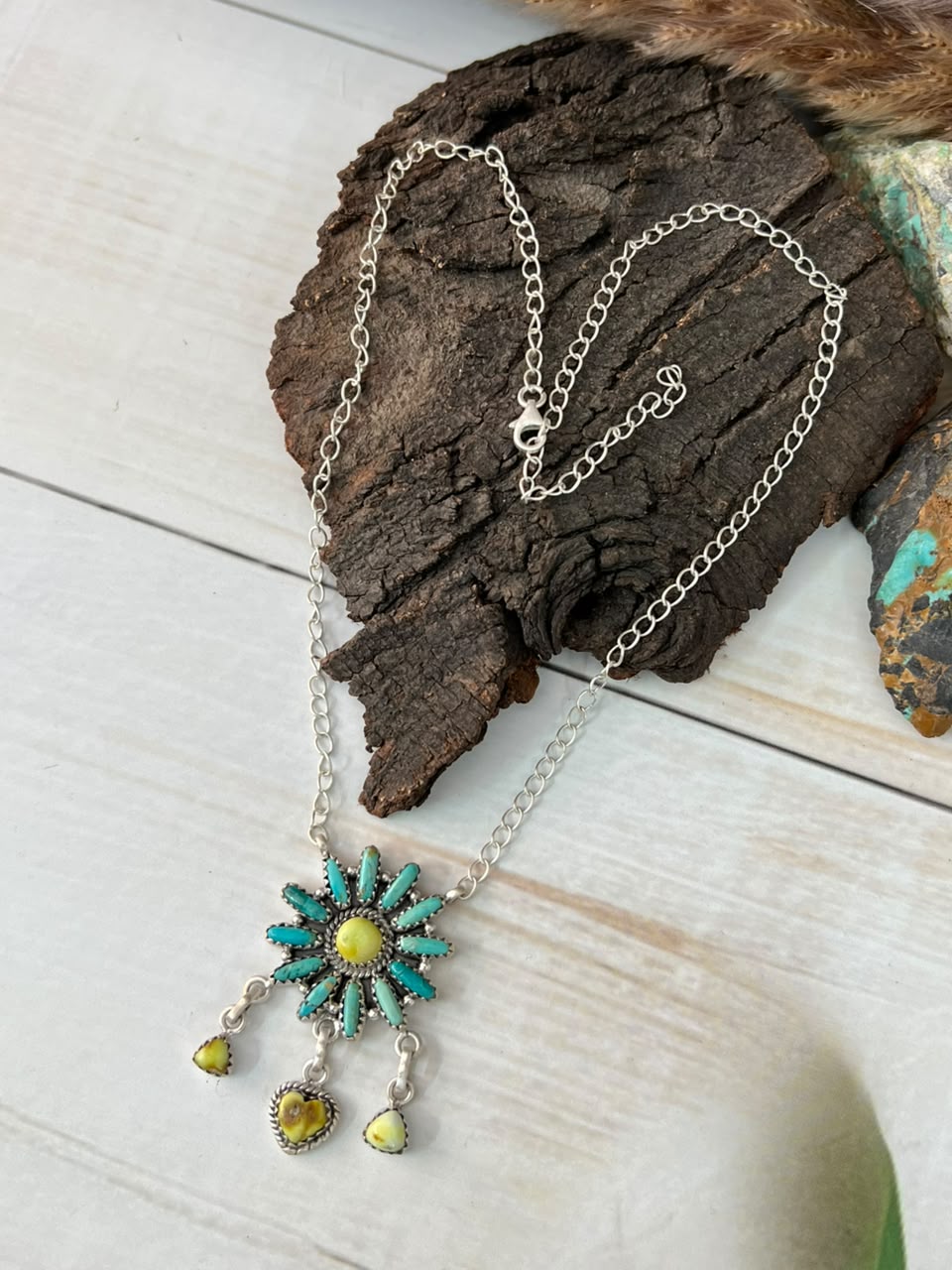 Handmade Sterling Silver Palomino with Kingman Turquoise Necklace Signed Nizhoni