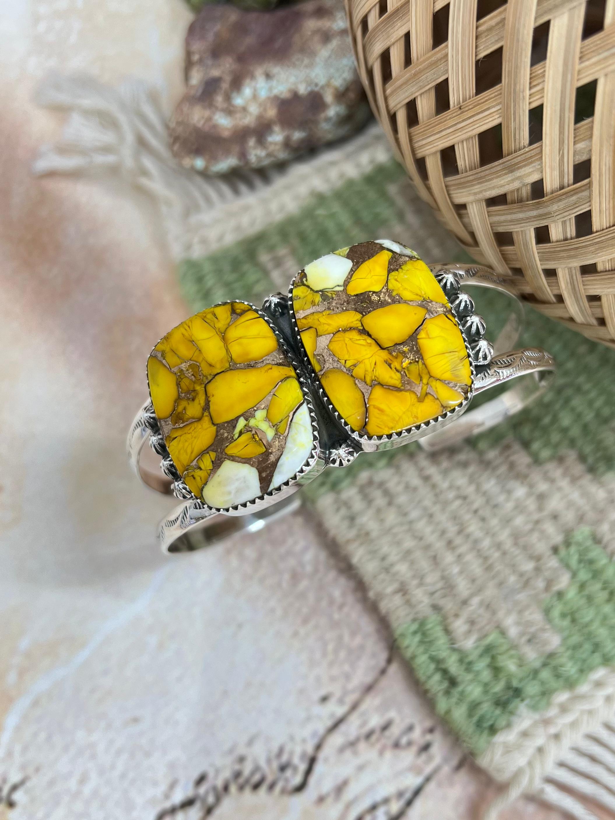 Handmade Sterling Silver Honey Dahlia Cuff Bracelet with Signed Nizhoni