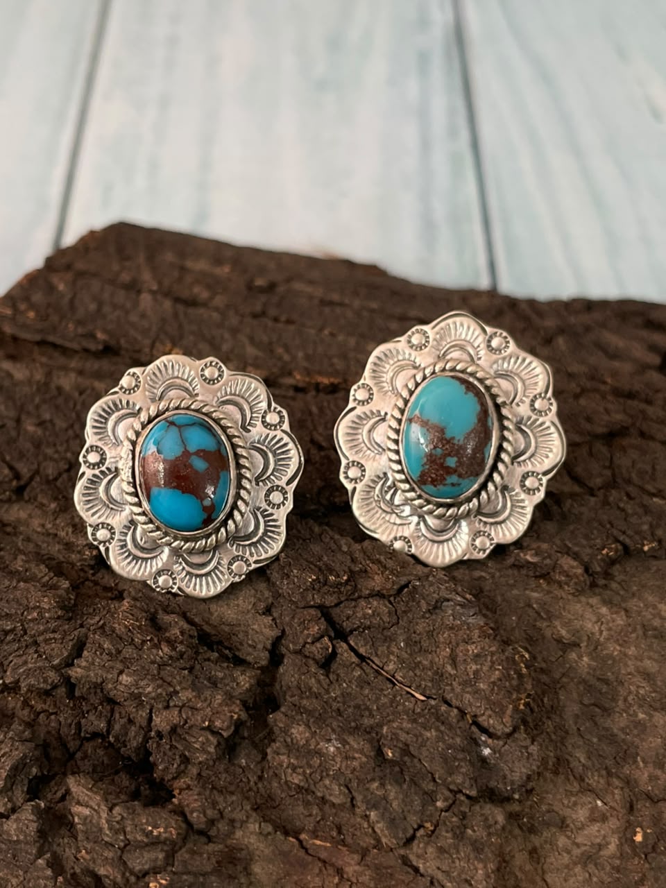 Handmade Sterling Silver Egyptian Turquoise Collection: Post Studs Earrings Signed Nizhoni