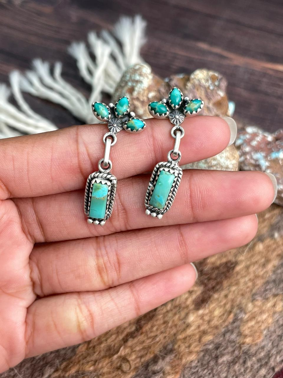 Handmade Sterling Silver Kingman Turquoise Post Dangle Earrings "Signed Nizhoni"