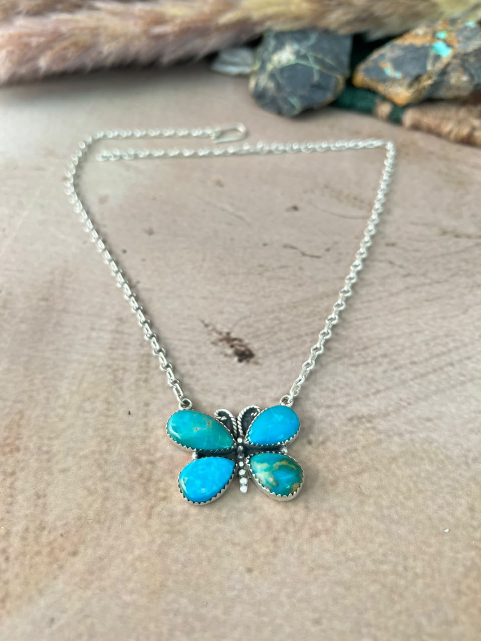 Handmade Sterling Silver Hardy Pit Collection: Butterfly Necklace Signed Nizhoni