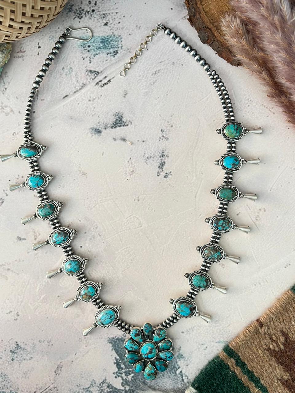 Handmade Sterling Silver Sierra Bella Turquoise Beaded Squash Blossom Necklace Signed Nizhoni