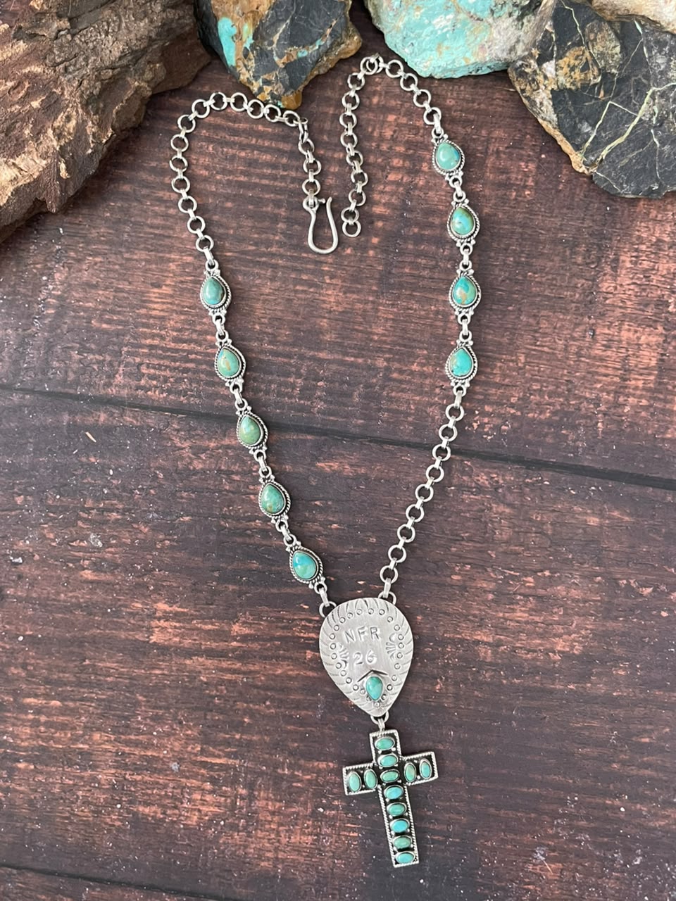 Handmade Sterling Silver Kingman Turquoise NFR Collection: Cross Necklace Signed Nizhoni