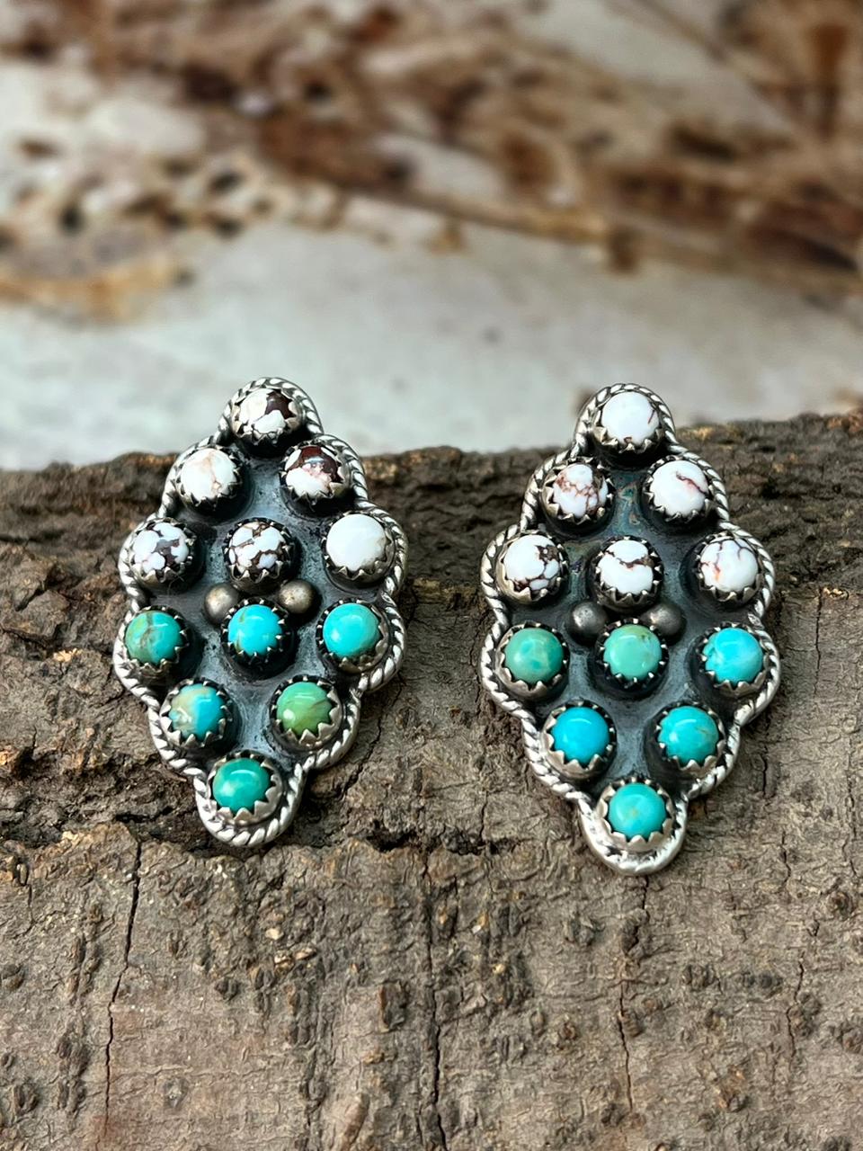 Handmade Sterling Silver Kingman with Wildhorse Post Studs Earrings "Signed Nizhoni"