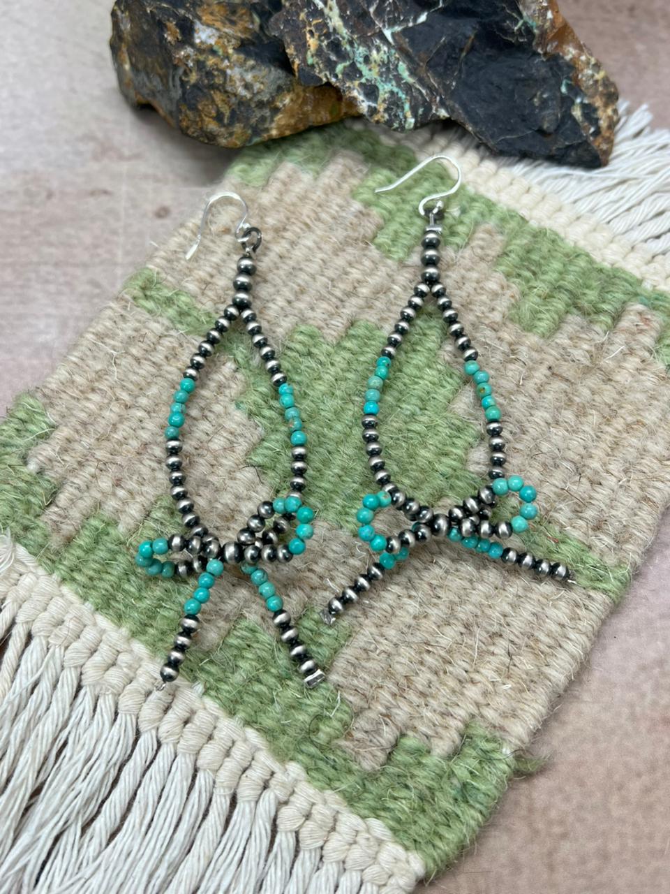 Handmade Sterling Silver Beaded Kingman Turquoise Hook Dangle Bow Earrings