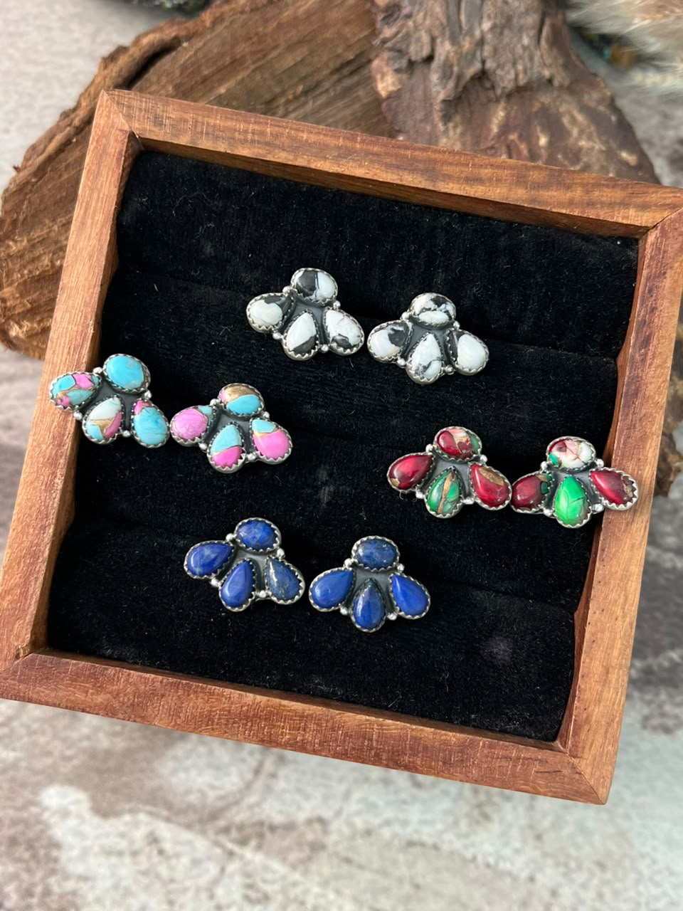 Handmade Sterling Silver Lapis, White Buffalo, Cotton Candy and Christmas Dahlia Mini Backroads Post Earrings  Signed Nizhoni