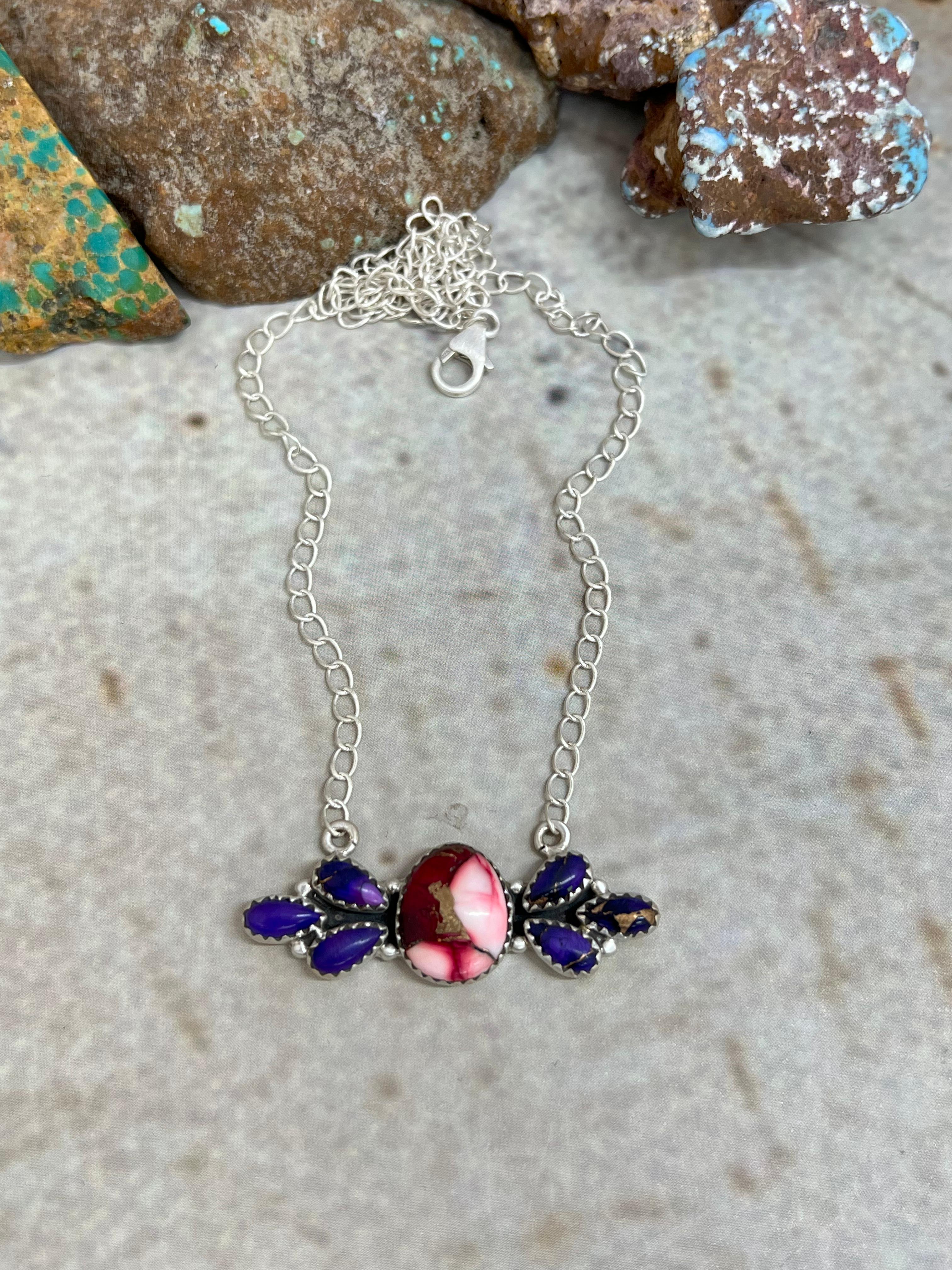 Handmade Sterling Silver Grape Dahlia with Dahlia Rose Necklace with Signed Nizhoni