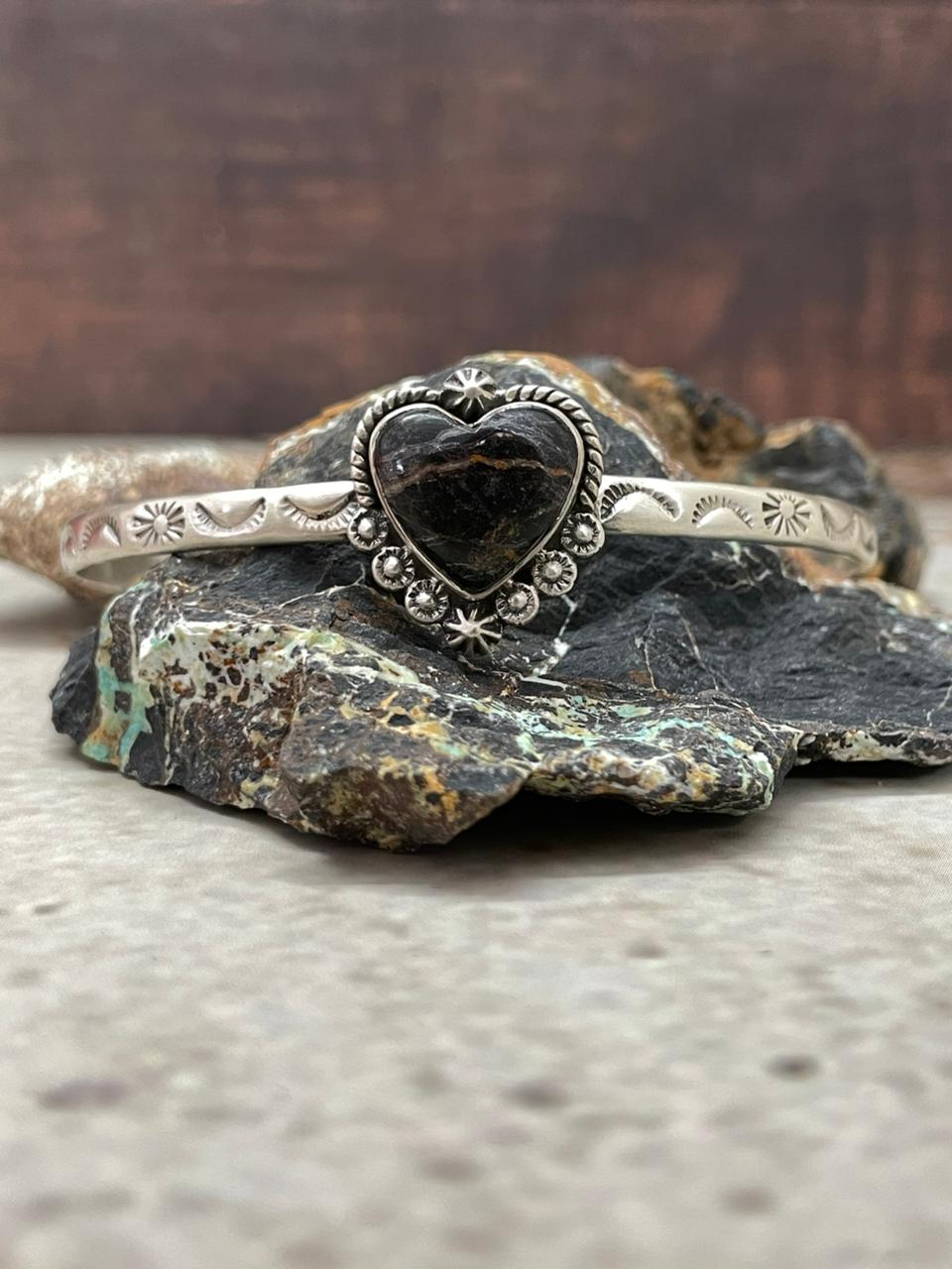 Handmade Sterling Silver Blackjack Turquoise Heart Cuff Bracelet "Signed Nizhoni"