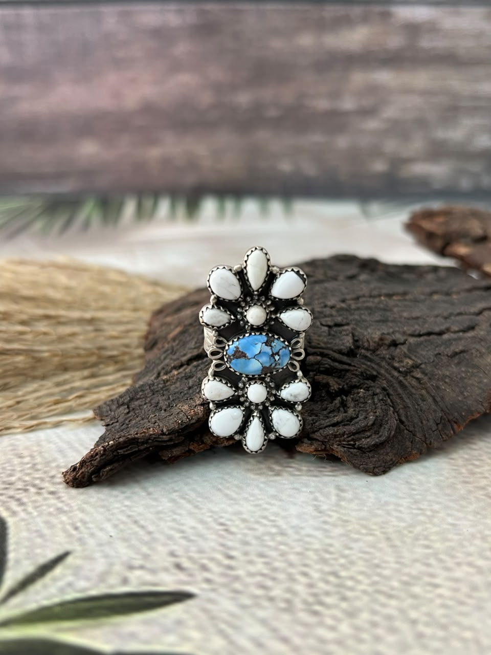Handmade Sterling Silver Golden Hills with White Buffalo Adjustable Ring Signed Nizhoni