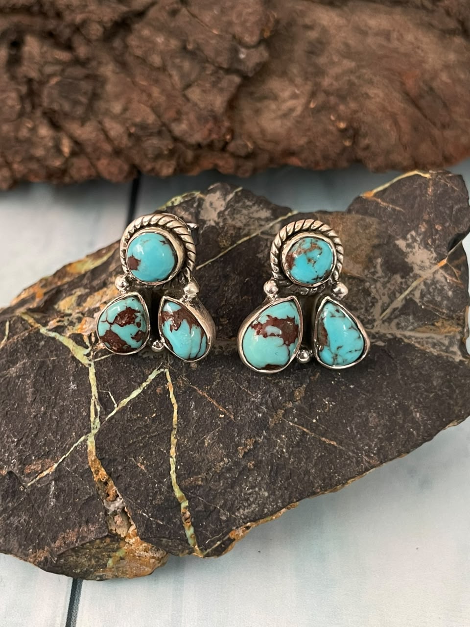Handmade Sterling Silver Egyptian Turquoise Collection: Post Studs Earrings Signed Nizhoni