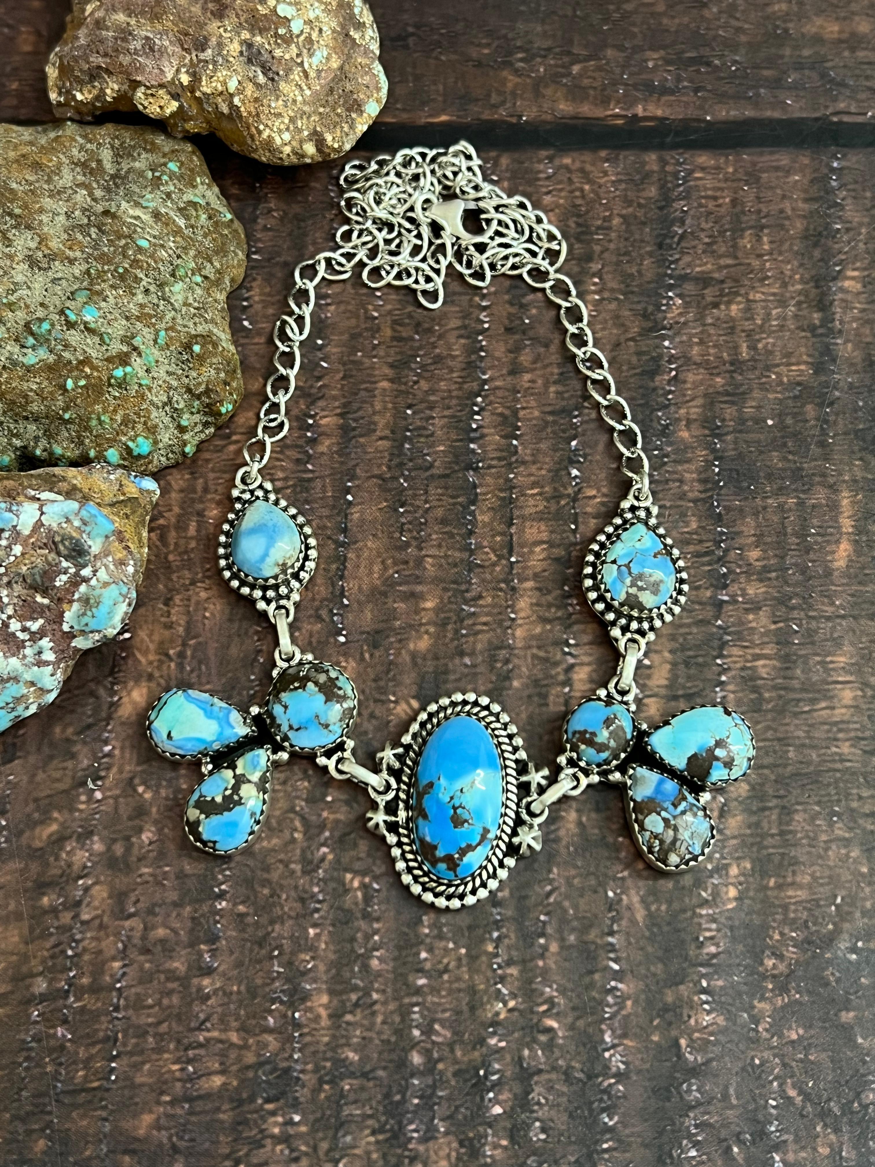 Handmade Sterling Silver Golden Hills Turquoise Necklace with Signed Nizhoni