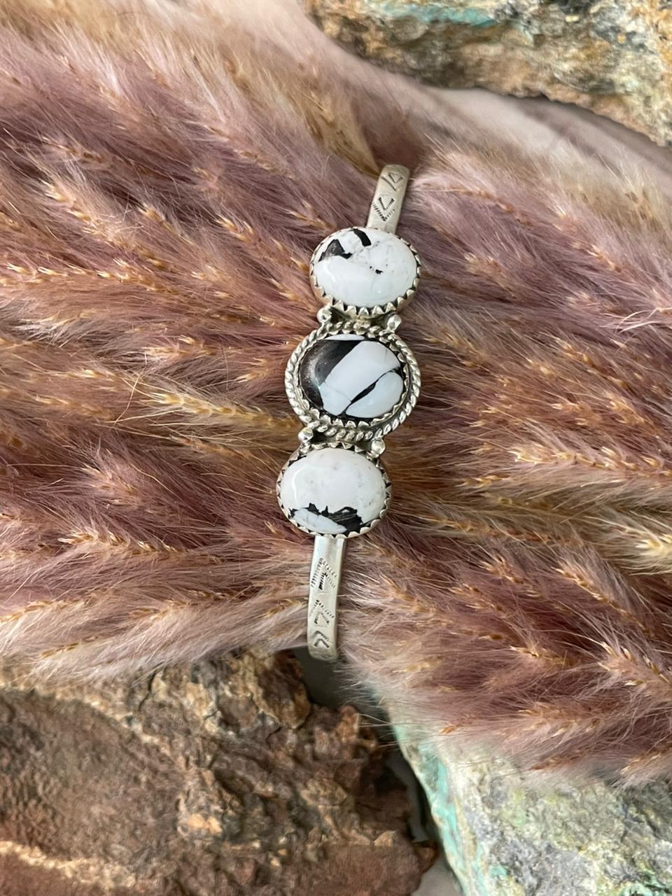 Handmade Sterling Silver White Buffalo Cuff Bracelet Signed Nizhoni
