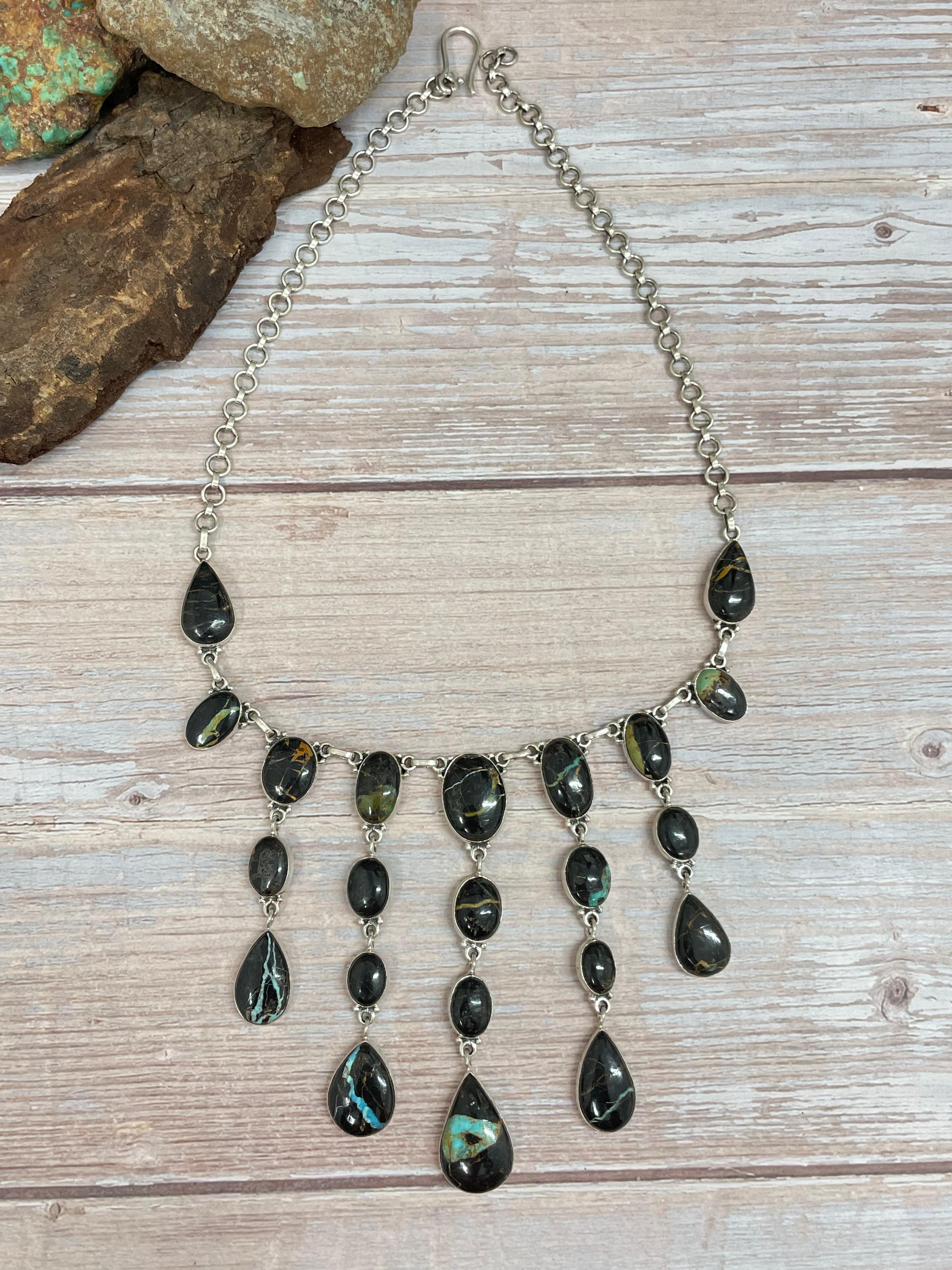 Handmade Sterling Silver Blackjack Turquoise Necklace Signed Nizhoni